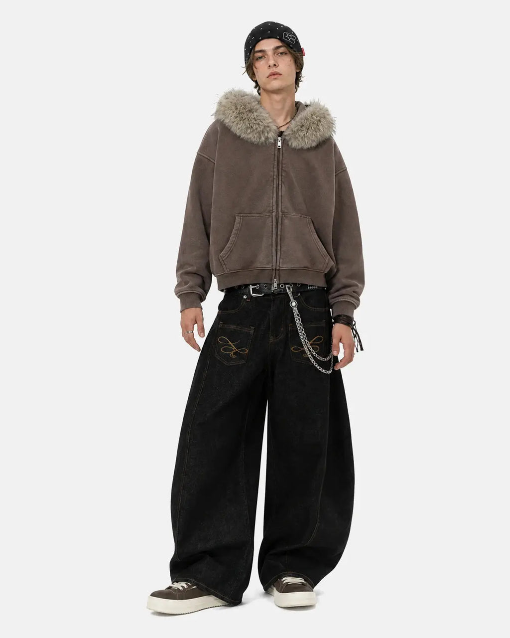 Inflation Streetwear faux fur collar acid wash zip-up hoodie with hood and front pockets, stylish casual streetwear hoodie.