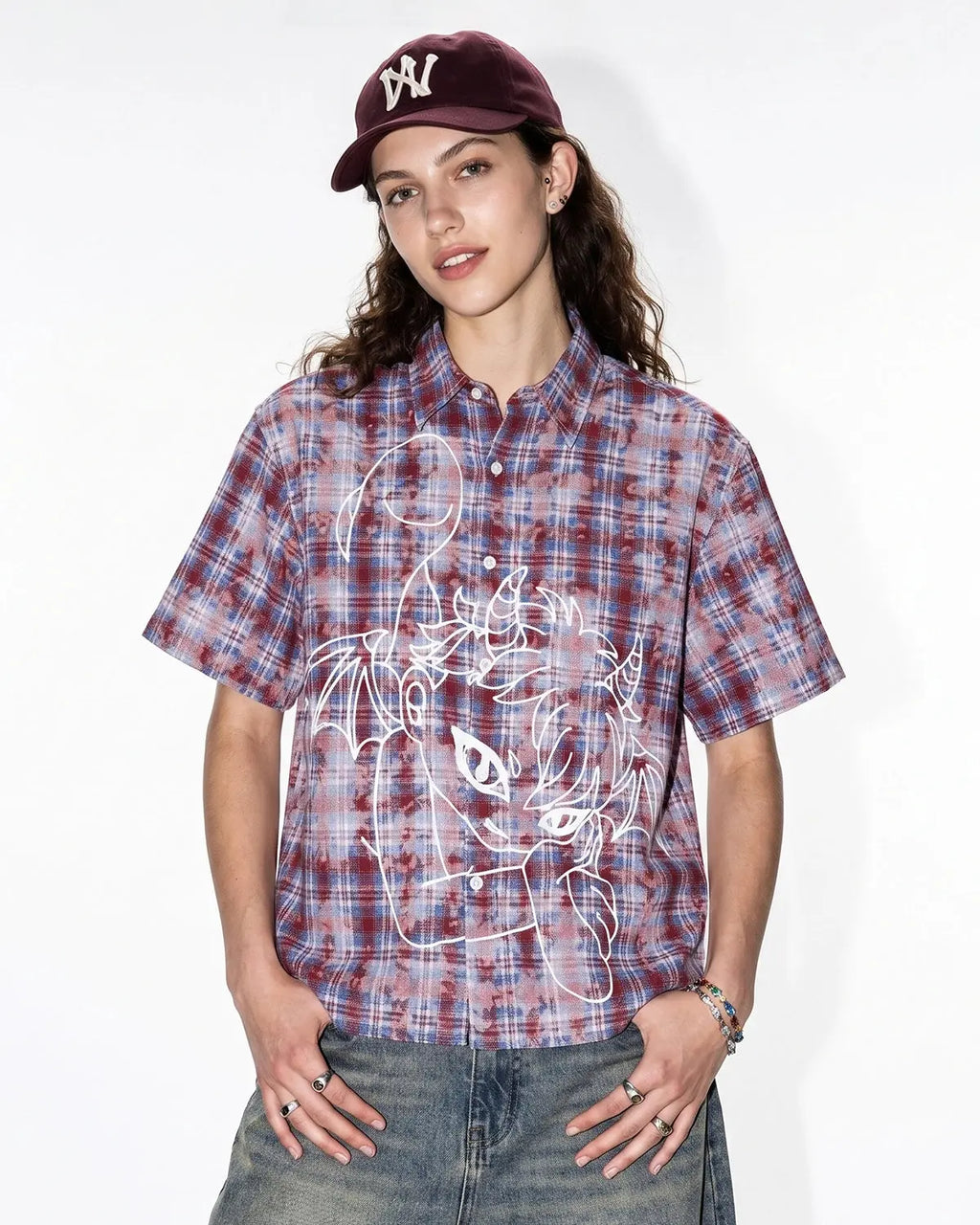 Inflation Streetwear Devil Embroidered Plaid Shirt featuring a bold embroidered devil design and classic plaid pattern.
