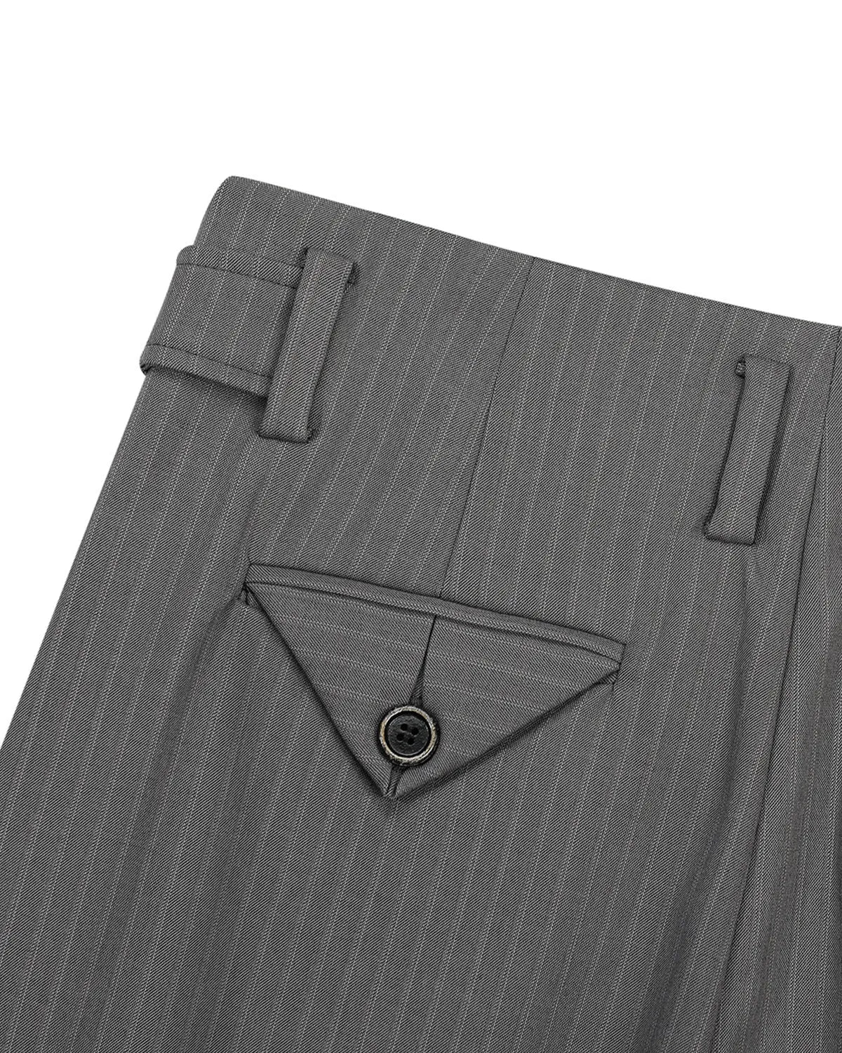 Inflation Streetwear pinstripe button barrel suit pants with tailored fit, featuring classic pinstripe pattern and button details.