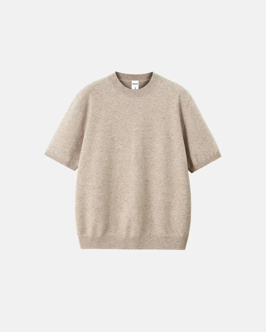 Short-sleeved crewneck sweater by INFLATION featuring knitted fabric, casual streetwear style, in neutral tones.