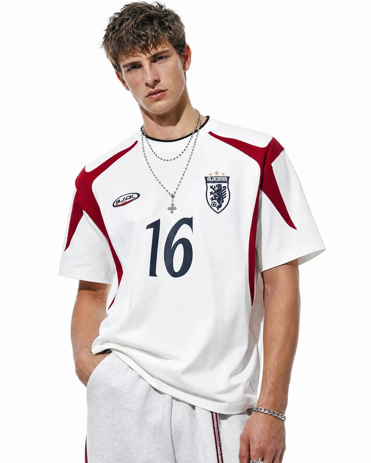 Inflation Streetwear retro color block embroidered jersey T-shirt with bold graphic design and vibrant patterns.
