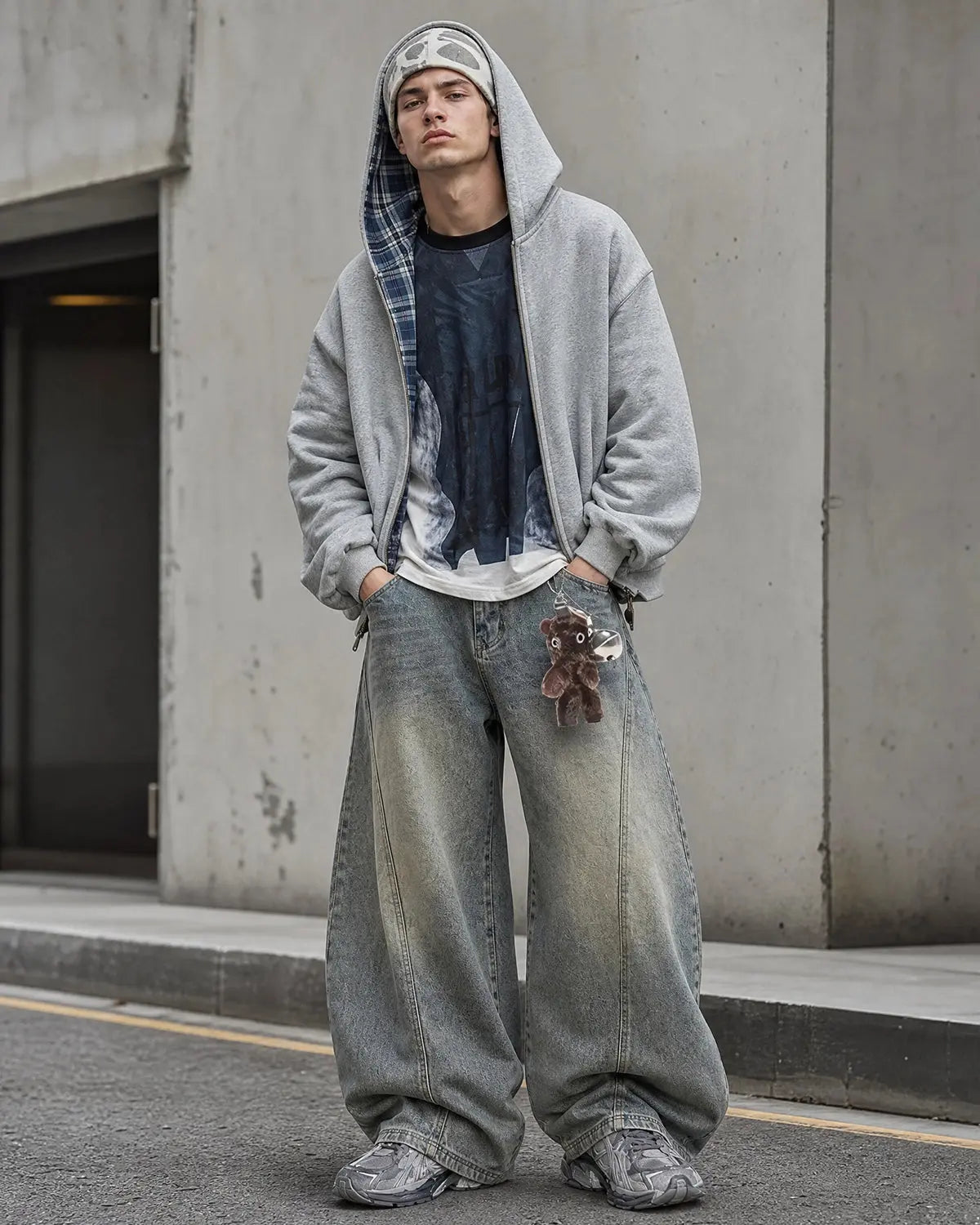 Reversible plaid cropped hoodie by INFLATION Streetwear, showing both plaid and solid sides, with a hood and cropped length.