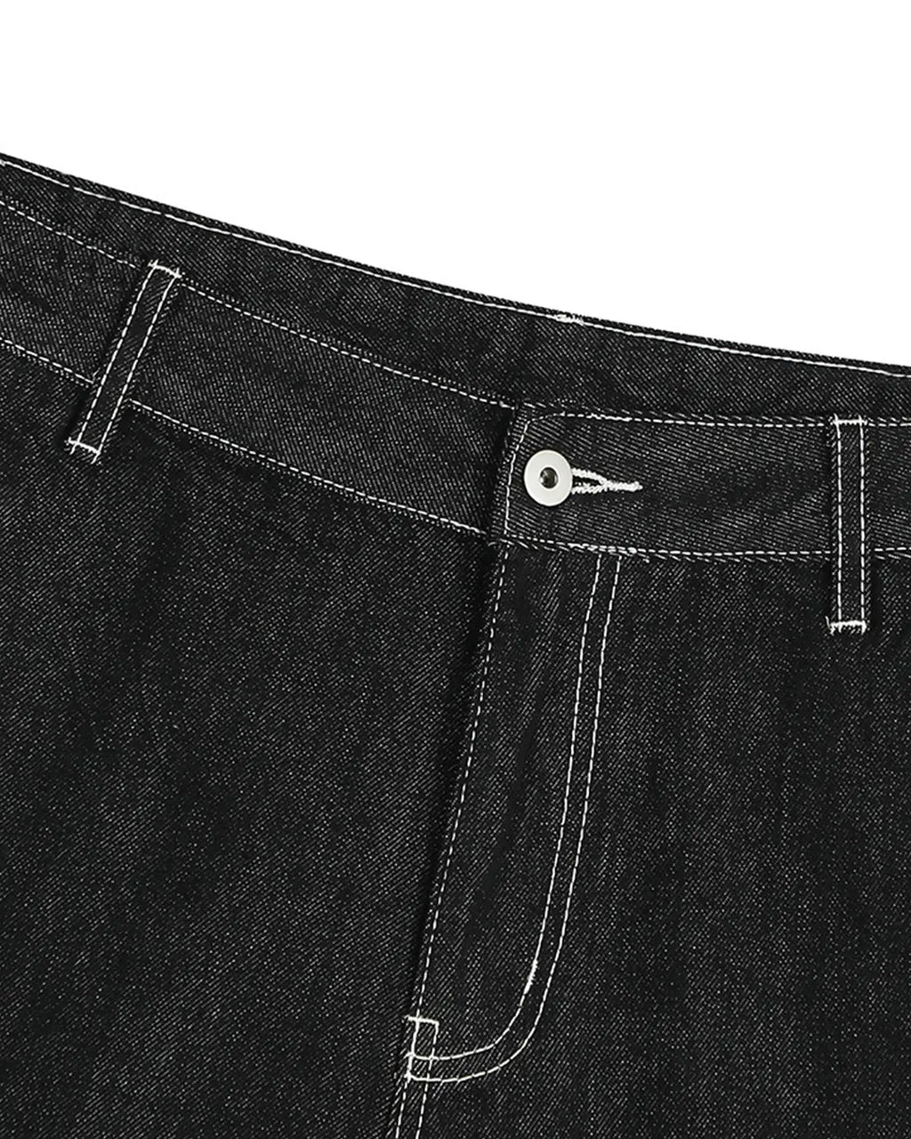 Inflation Contrast Stitching Raw Cargo Jorts pants with distressed denim, multiple pockets, and bold stitching details.