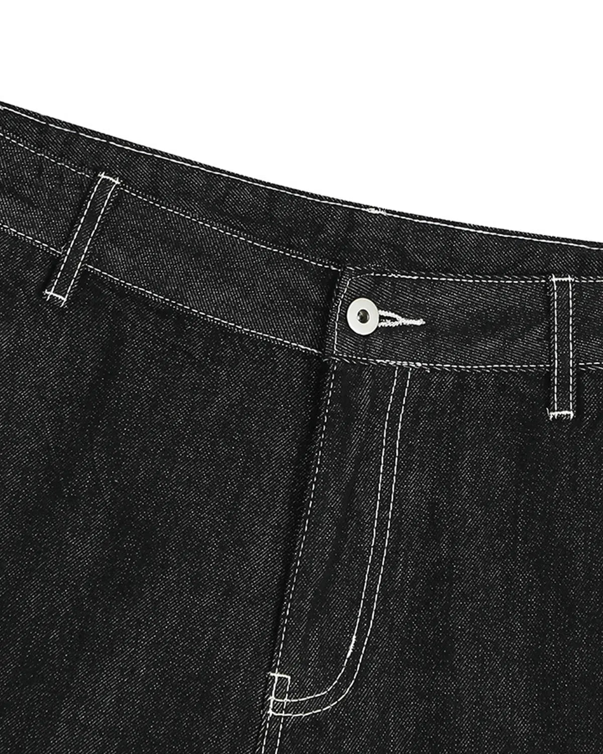 Inflation Contrast Stitching Raw Cargo Jorts pants with distressed denim, multiple pockets, and bold stitching details.