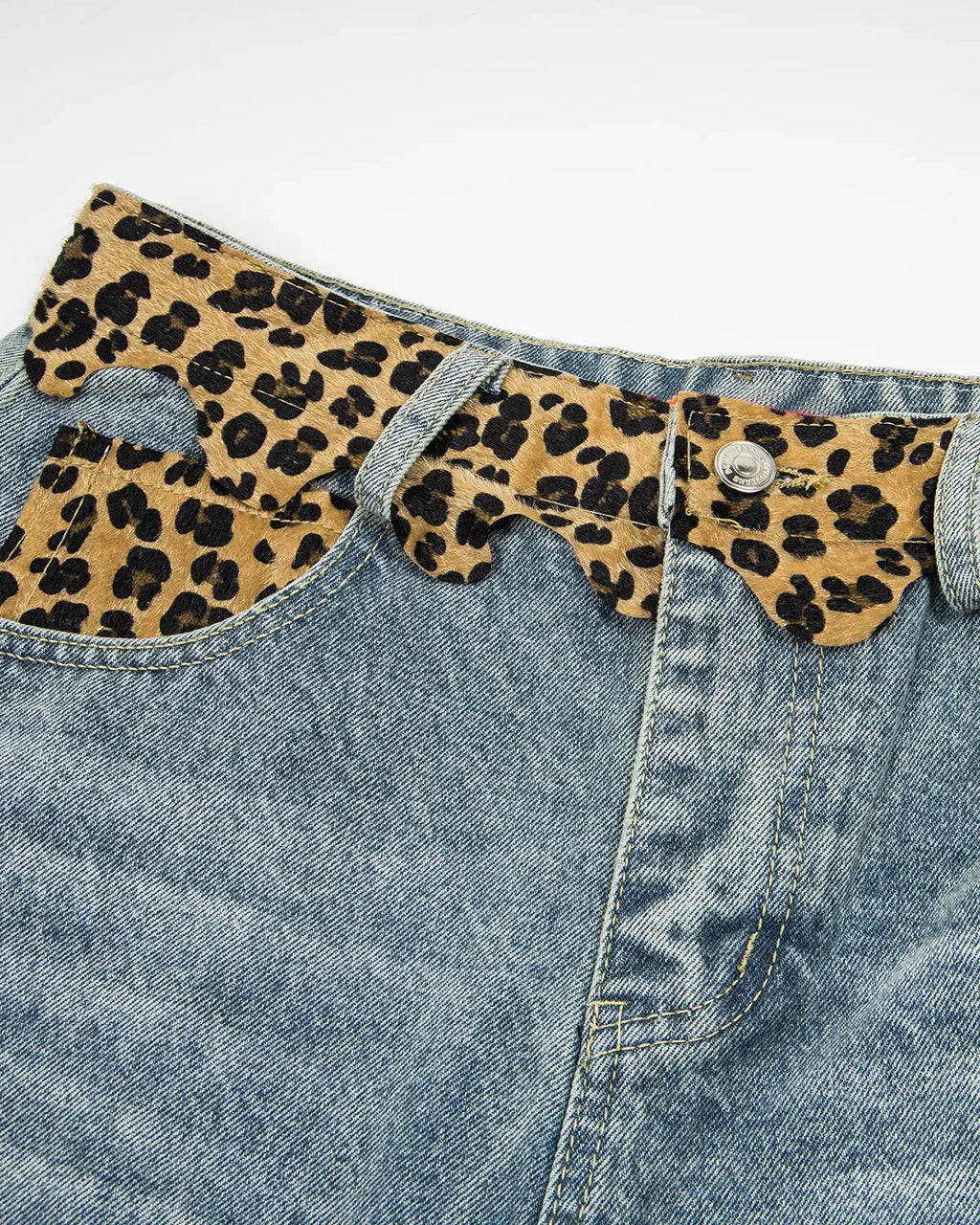 Inflation Streetwear leopard patchwork jorts, stylish denim pants with leopard print patch accents, casual streetwear fashion.