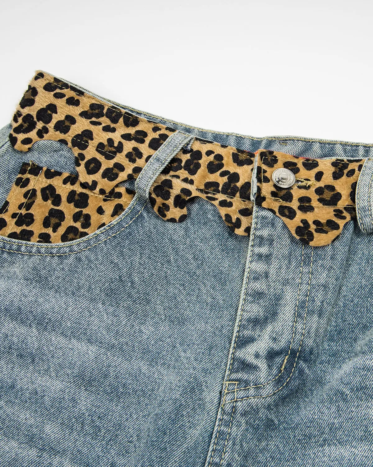 Inflation Streetwear leopard patchwork jorts, stylish denim pants with leopard print patch accents, casual streetwear fashion.