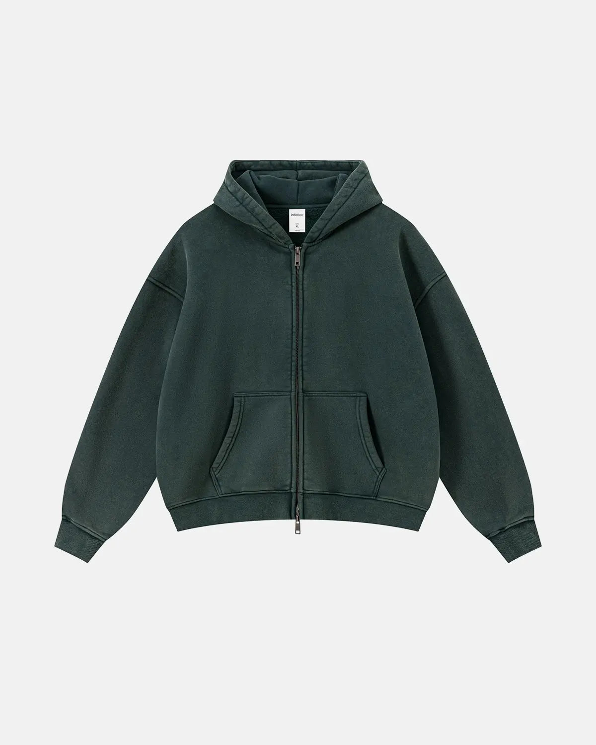 Vintage washed fleece boxy zip hoodie by INFLATION, featuring a relaxed fit and casual streetwear style in soft, textured fabric.