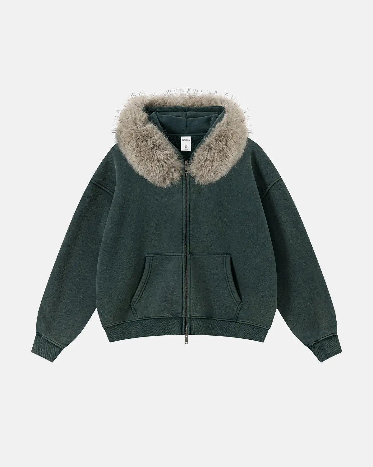 Inflation streetwear faux fur collar acid wash zip-up hoodie featuring a hood, zipper closure, and stylish design.