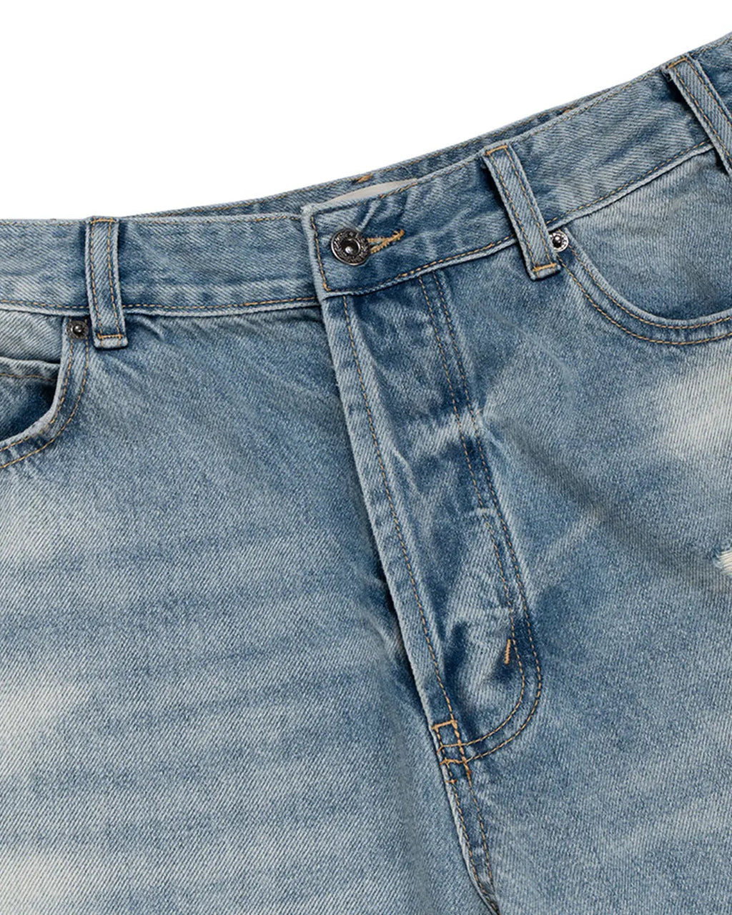 Inflation Streetwear frayed longline baggy jorts pants with distressed edges and relaxed fit, casual denim style.