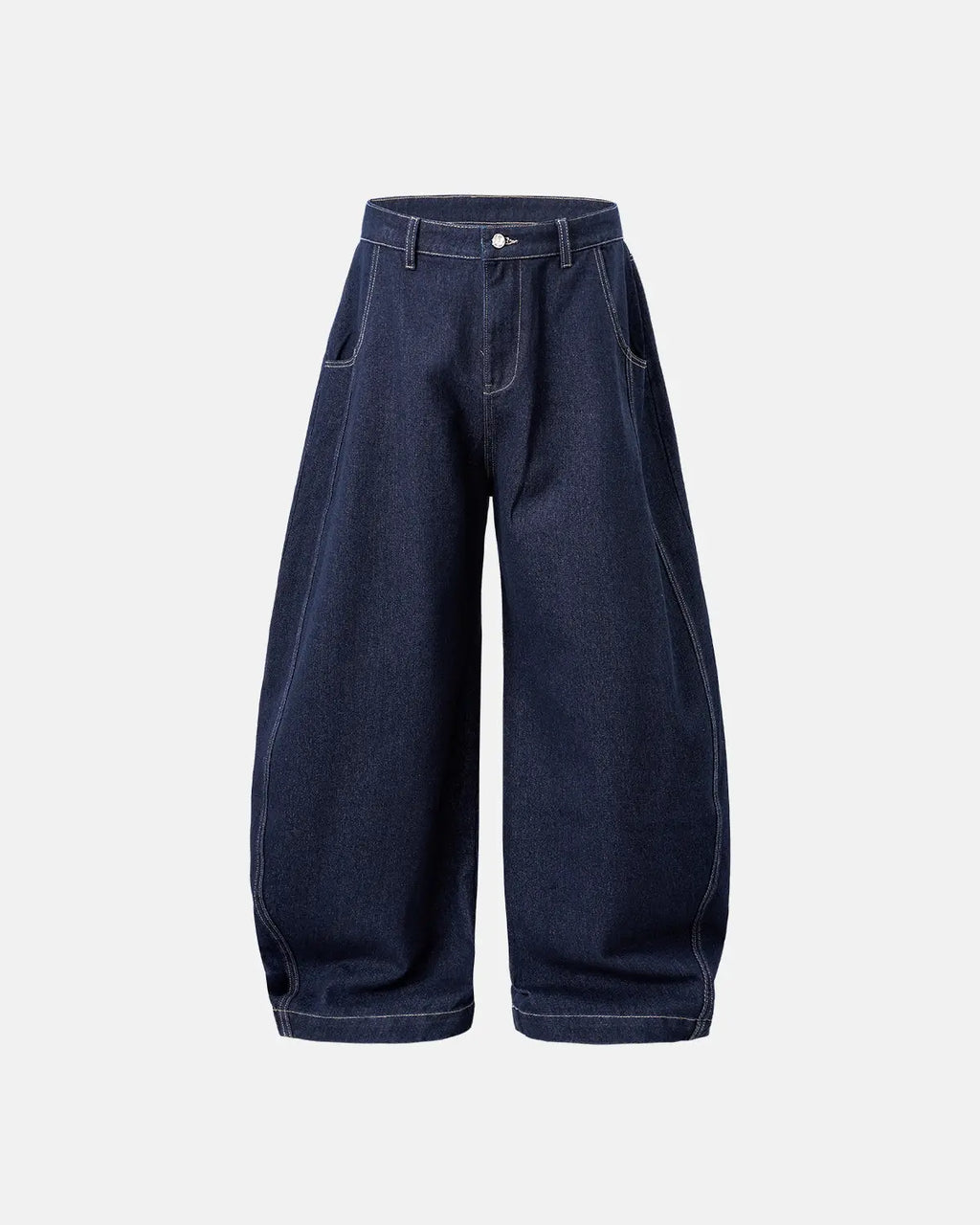 Inflation washed barrel baggy jeans, men's relaxed fit pants with distressed detailing and cuffed hems, made by INFLATION.