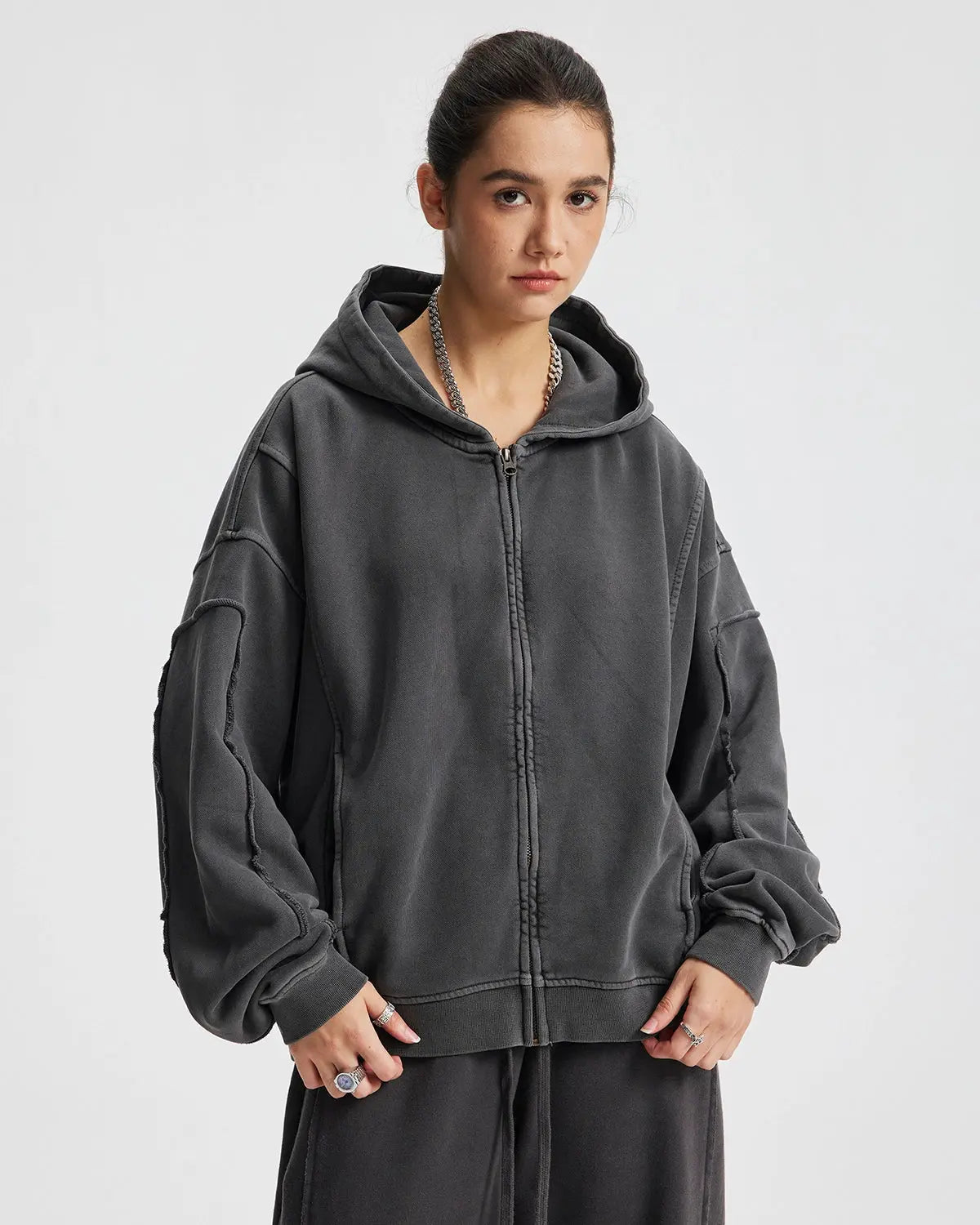 Inflation Streetwear acid wash stitching zip-up hoodie with front pockets and hood, featuring a trendy distressed look.