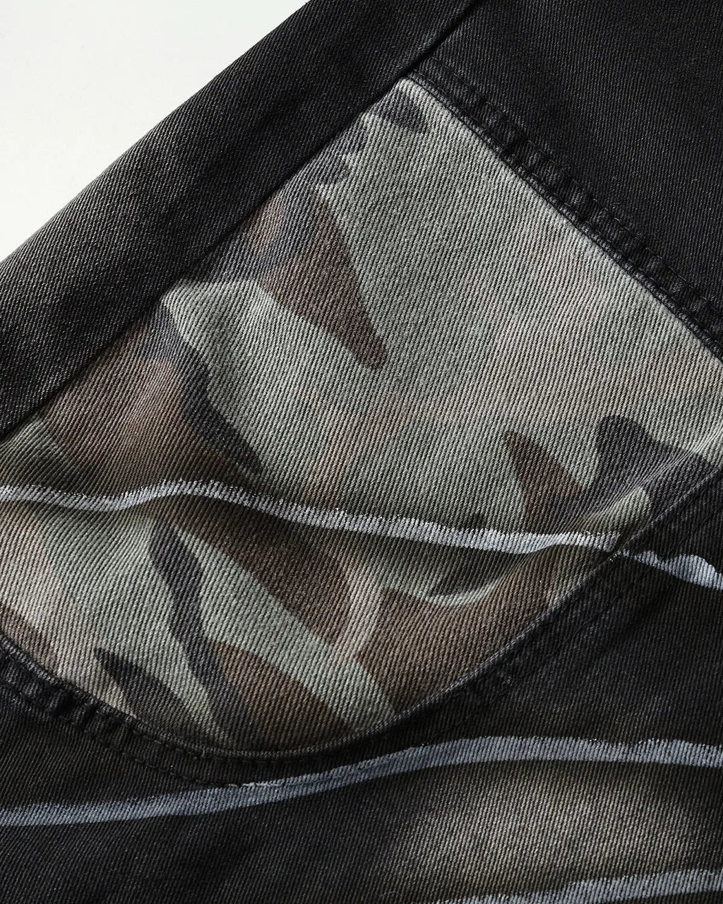Inflation Spray Graphic Camo Barrel Jeans, men's streetwear pants with bold camo print and relaxed fit, casual and trendy style.