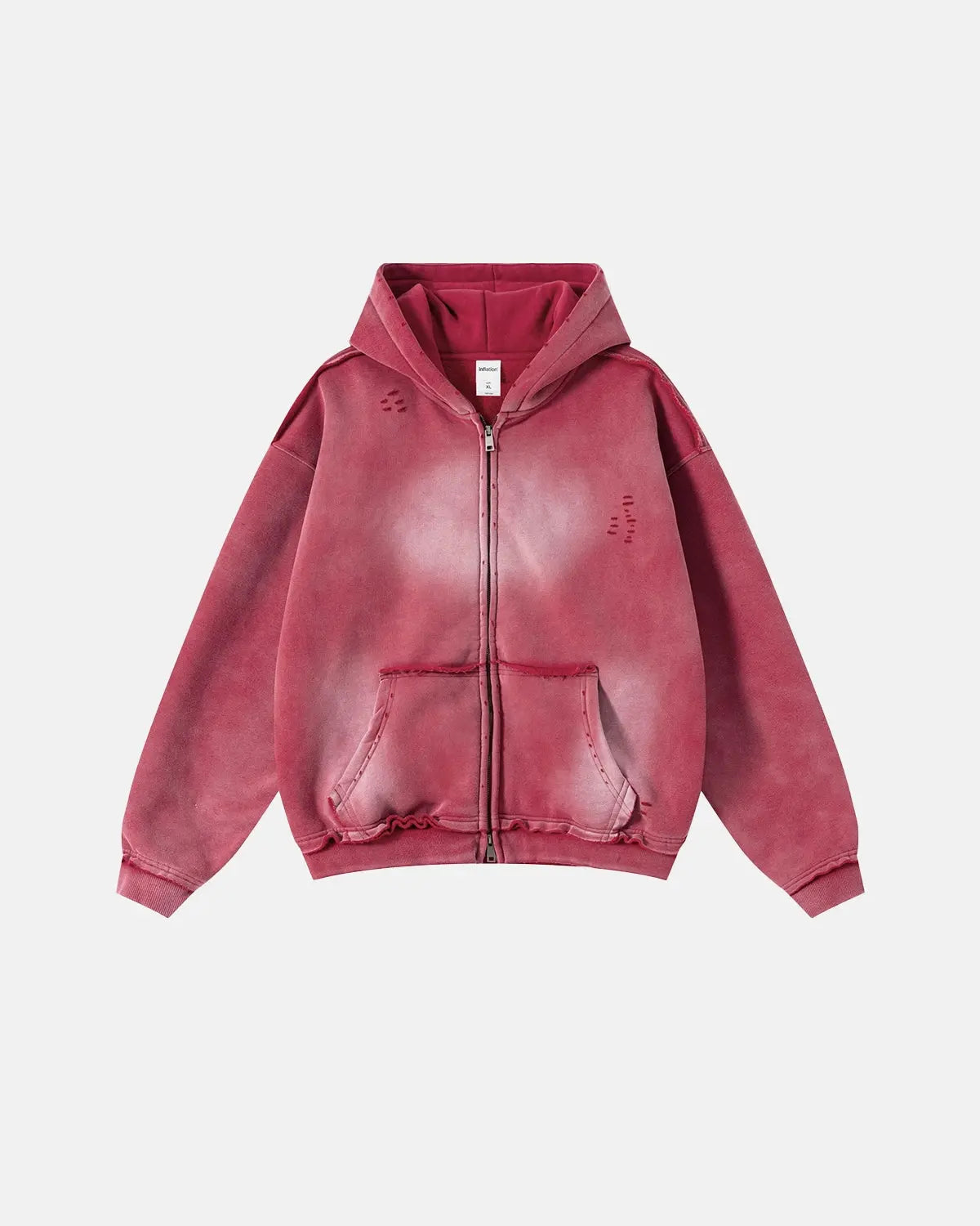 Inflation Monkey Wash Ripped Zip Up Hoodie featuring distressed details and a casual streetwear style in a relaxed fit.