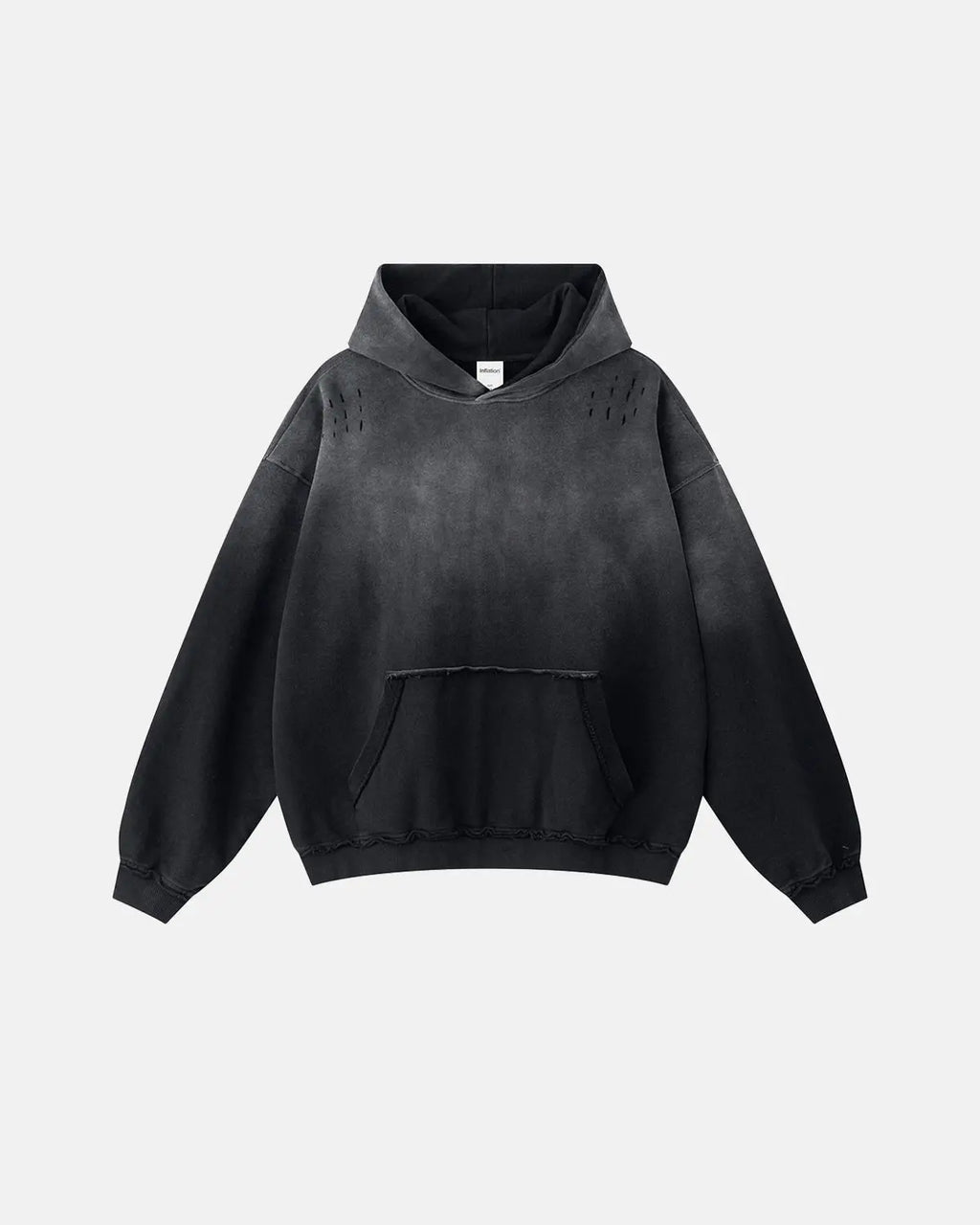 Inflation Streetwear Monkey Wash Ripped Hoodie featuring distressed details and casual style, displayed on a hanger.