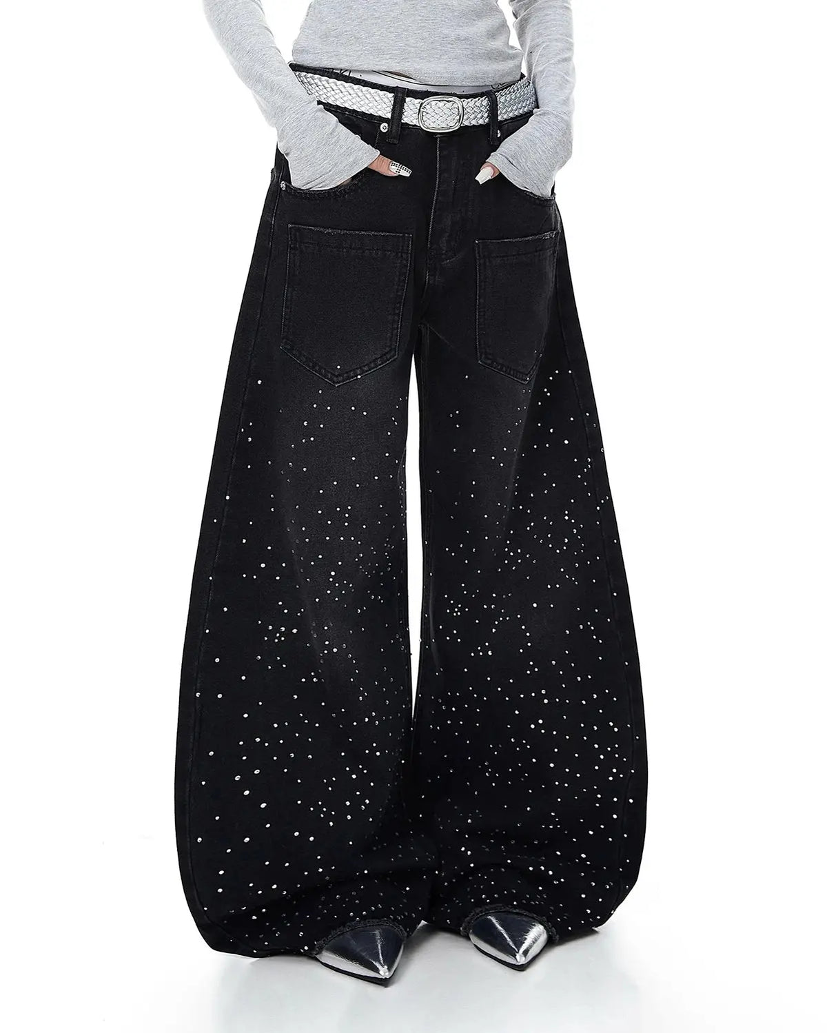 Acid wash rhinestone baggy jeans by INFLATION featuring distressed details and a relaxed streetwear fit.