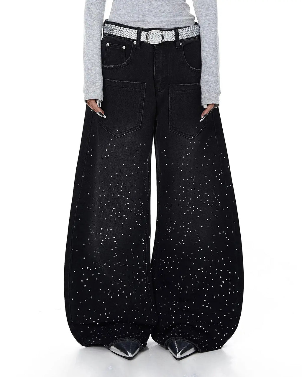 Acid wash rhinestone baggy jeans by INFLATION, featuring distressed details and rhinestone embellishments, casual streetwear style.