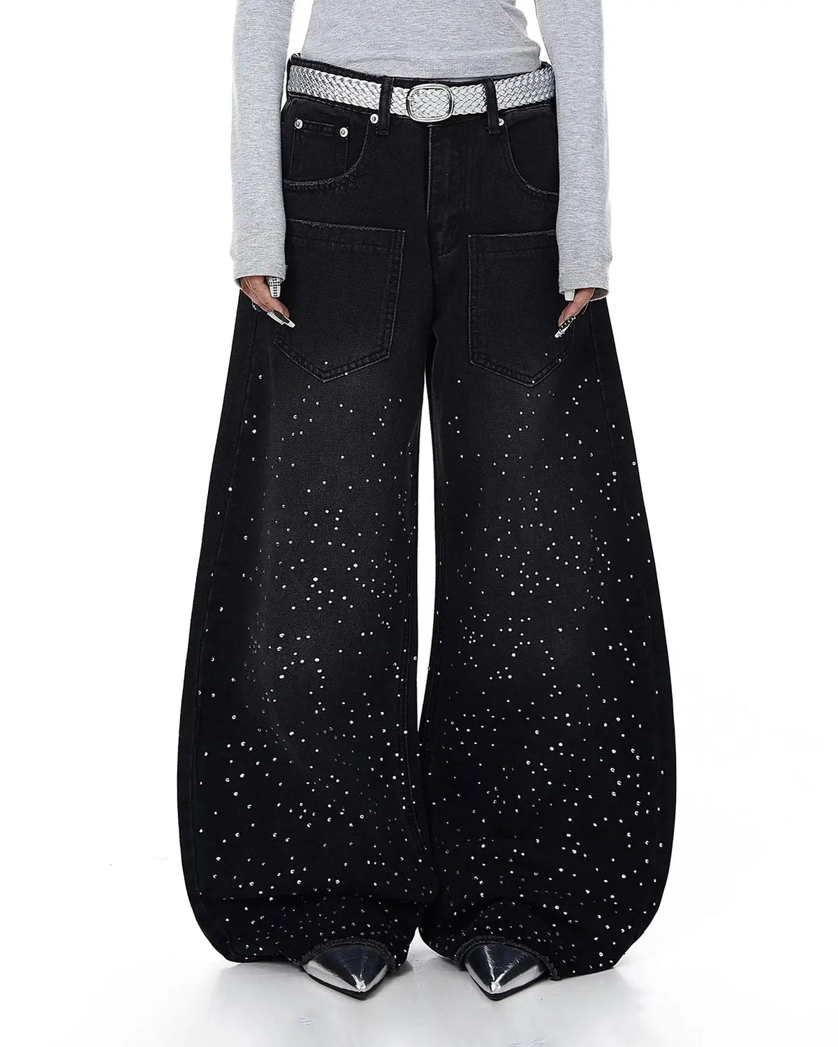 Acid wash rhinestone baggy jeans from INFLATION Streetwear, featuring loose fit, rhinestone embellishments, and distressed denim style.