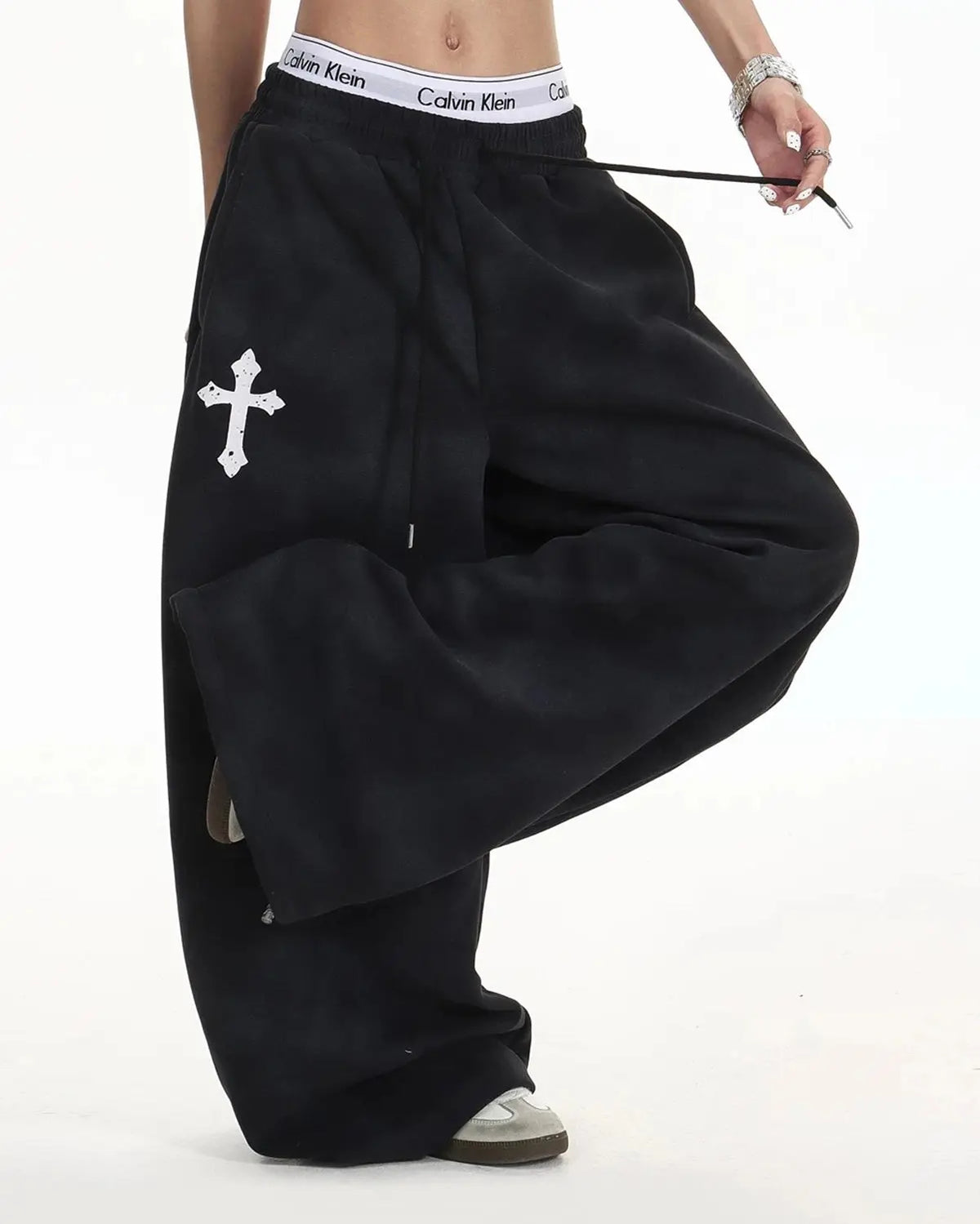 Washed Cross Barrel Sweatpants by INFLATION, stylish streetwear joggers with a relaxed fit and cross barrel design, gray color.