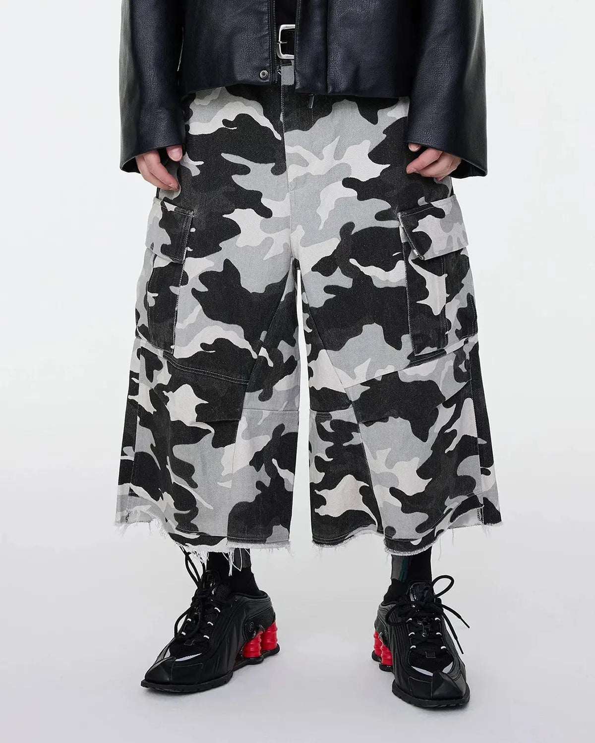 Inflation Glitter Camo Cargo Longline Shorts, stylish streetwear pants with glitter and camouflage pattern, versatile for casual wear.