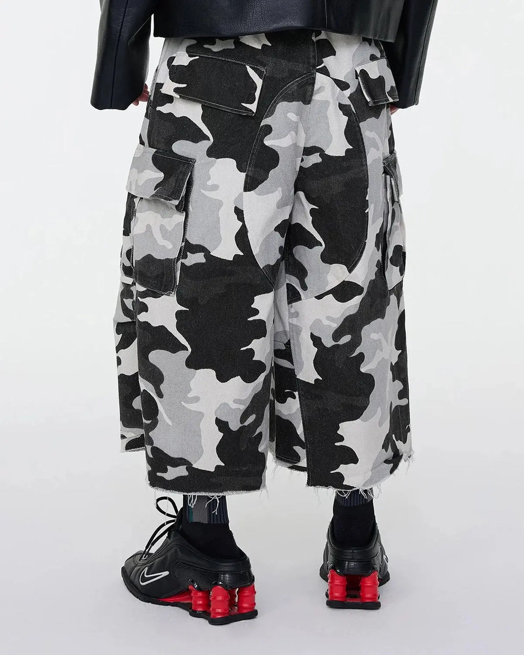 Inflation Glitter Camo Cargo Longline Shorts, stylish pants with glitter camouflage pattern and cargo pockets, streetwear fashion.
