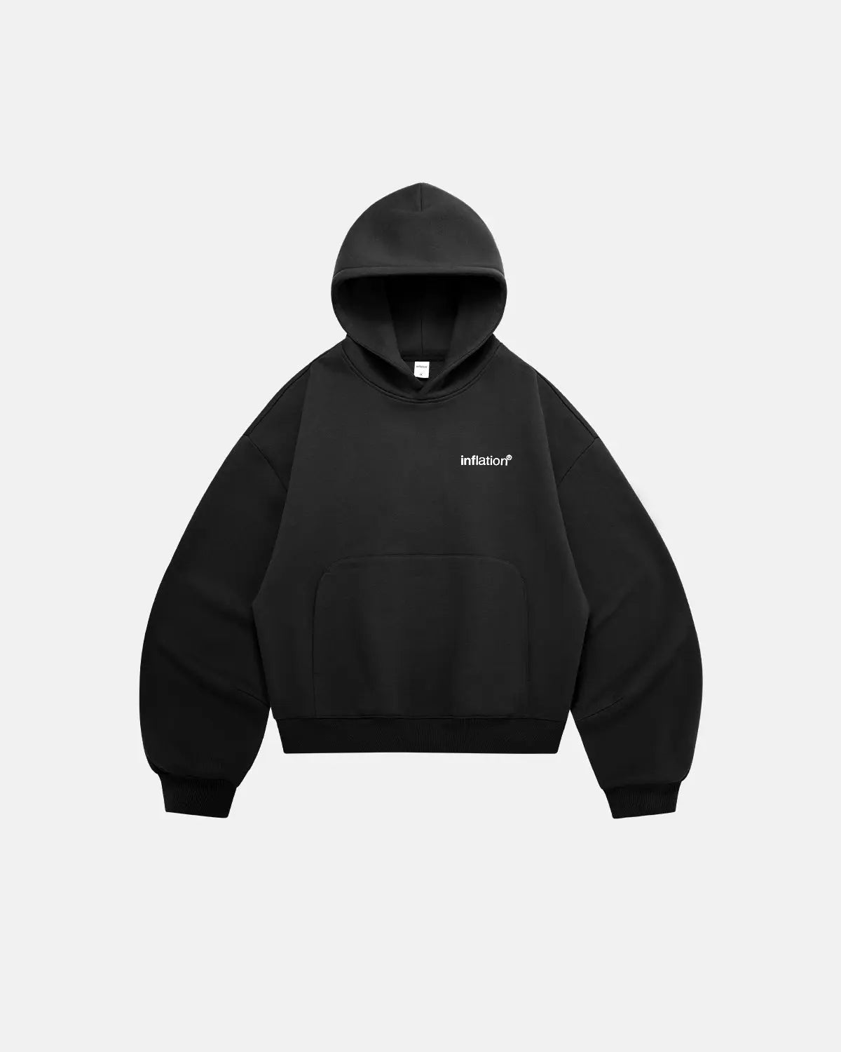 Inflation Streetwear logo cropped fleece hoodie with front pocket and adjustable drawstrings, in soft fabric with bold logo design.