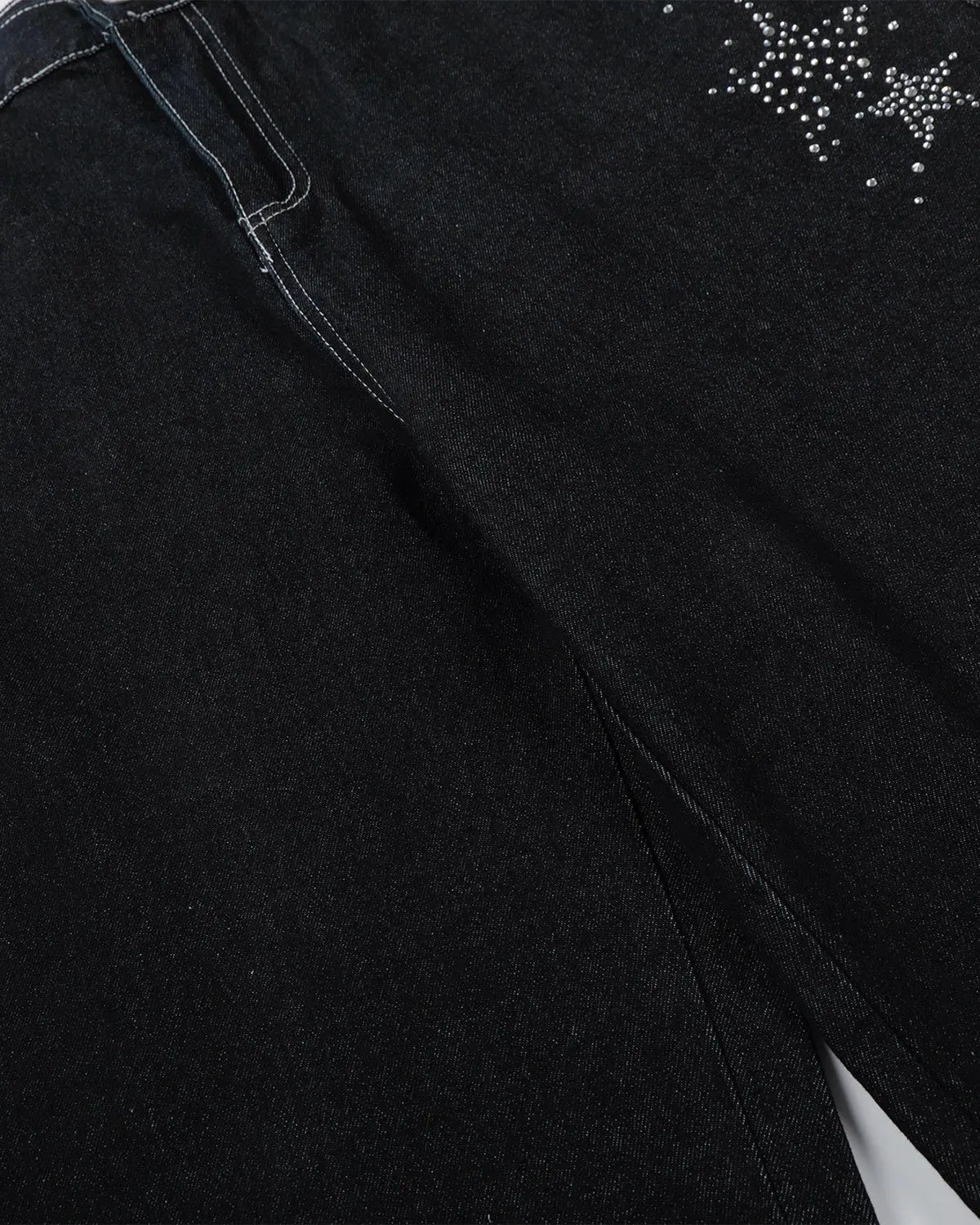 Inflation Star Rhinestone Denim Shorts, stylish streetwear pants with sparkling star embellishments and classic denim texture.
