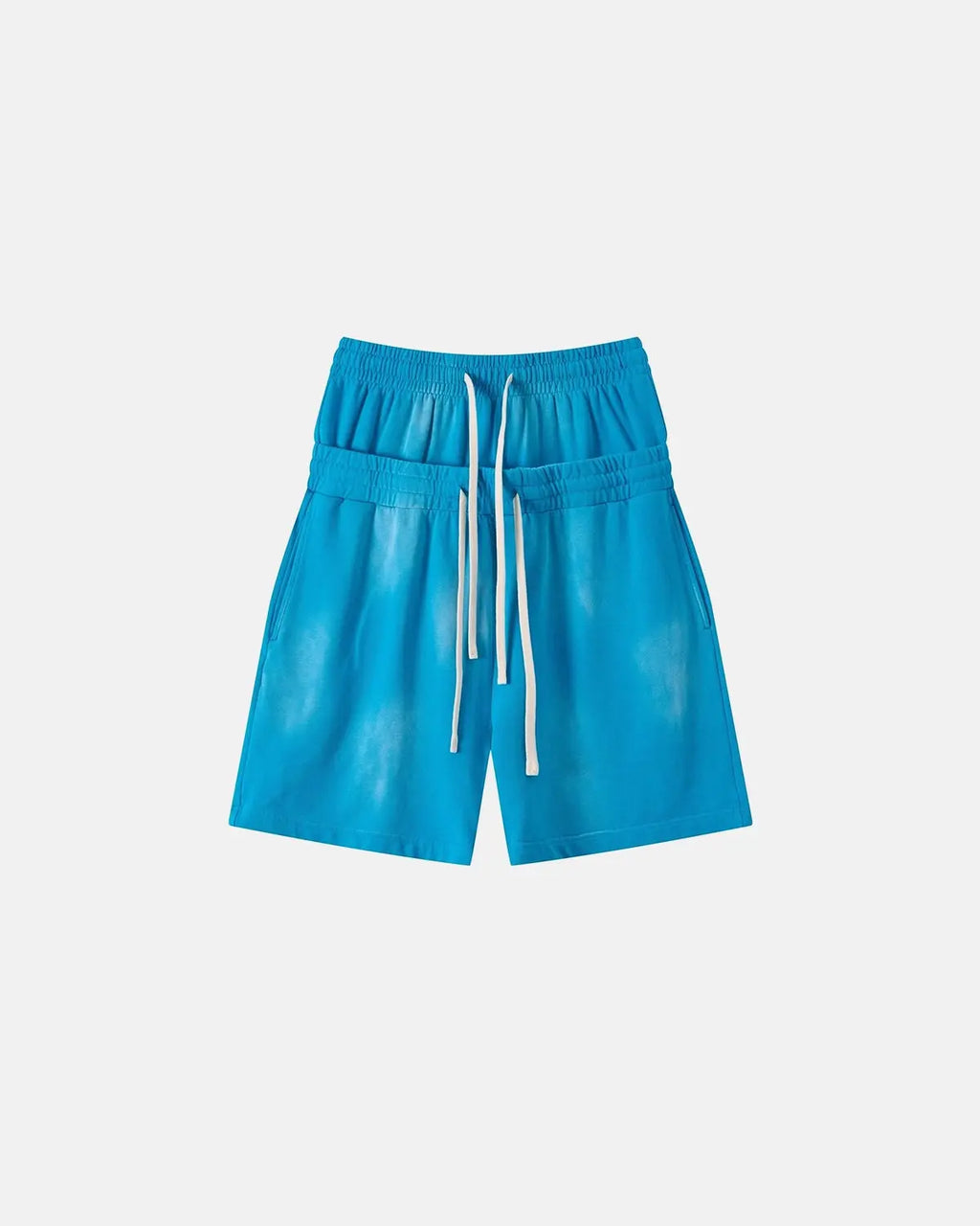 Inflation Streetwear Double Waist Monkey Wash Sweat Shorts, casual black shorts with double waistband and distressed denim look.