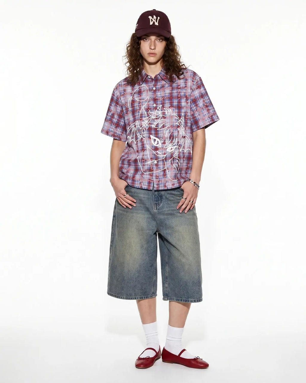 Inflation Streetwear devil embroidered plaid shirt featuring red and black checkered pattern and detailed devil embroidery on the front.