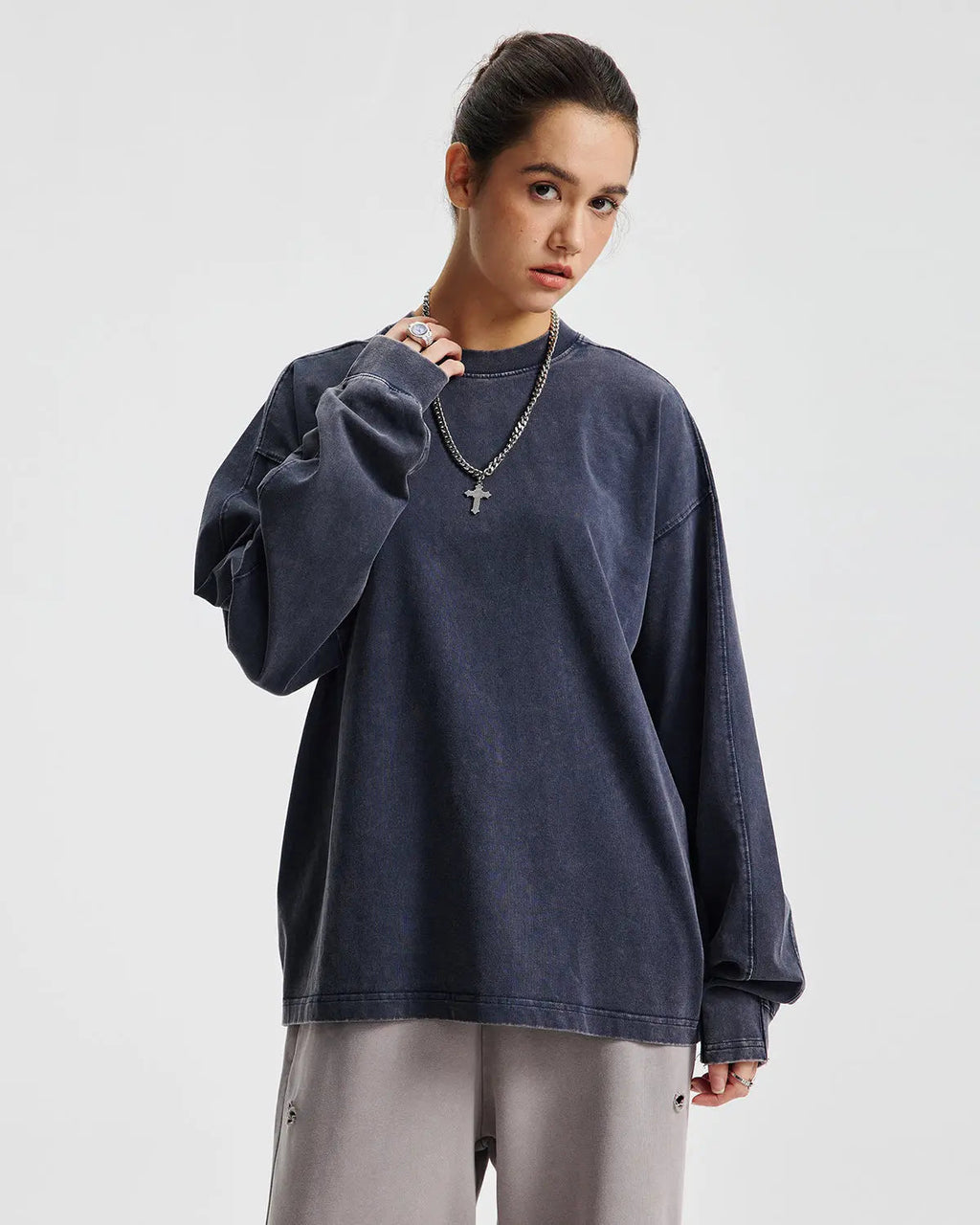 Inflation Streetwear distressed acid wash oversized long sleeve tee, casual fit with faded, worn-in look and relaxed style.