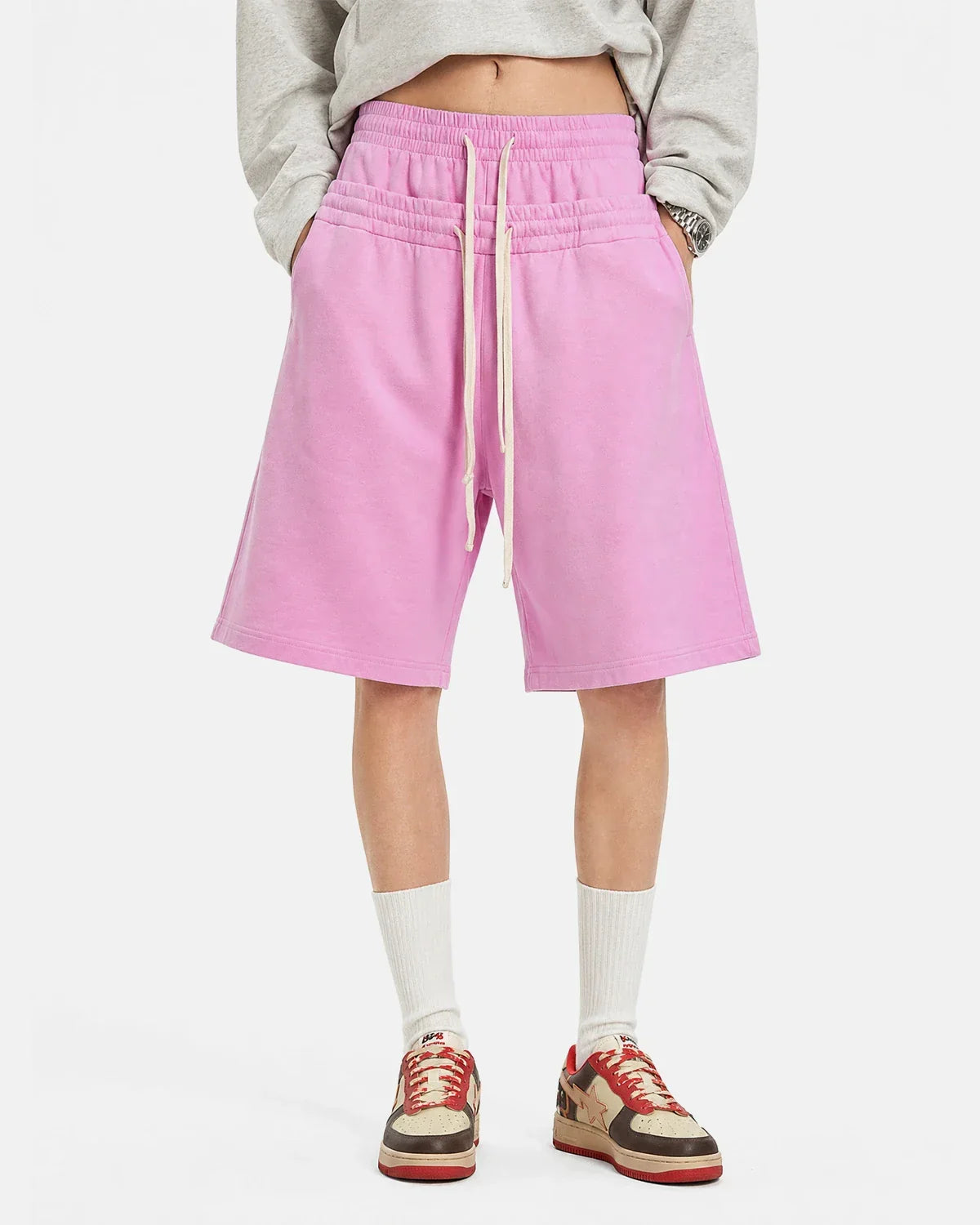 Inflation Streetwear double waist acid wash sweat shorts featuring a relaxed fit and stylish design, perfect for casual streetwear.
