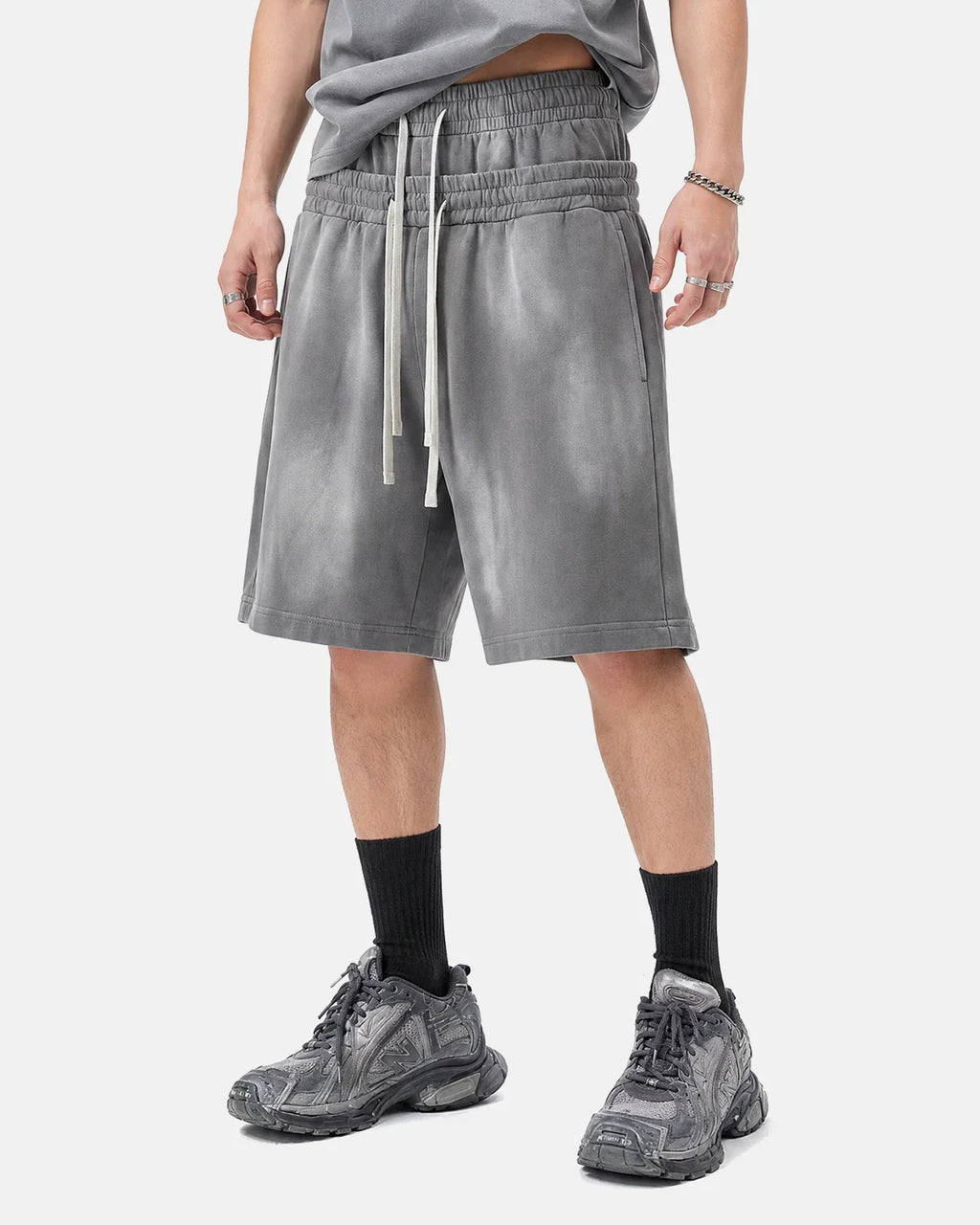Inflation Streetwear double waist monkey wash sweat shorts, black casual shorts with distinctive waist design and relaxed fit.