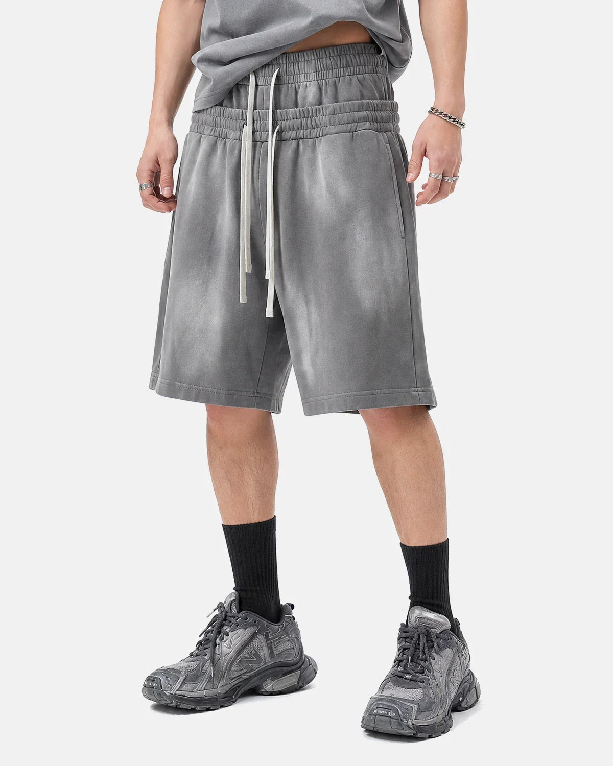 Inflation Streetwear double waist monkey wash sweat shorts, black casual shorts with distinctive waist design and relaxed fit.