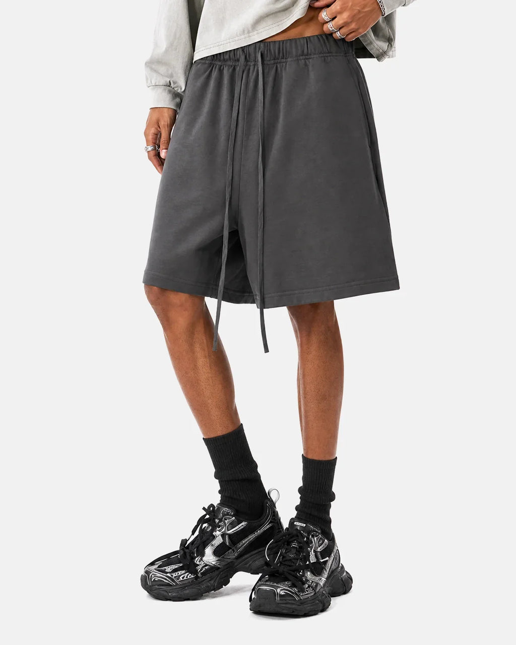Inflation Heavyweight Drawstring Sweat Shorts with adjustable waistband and casual streetwear style, shown in a relaxed fit.