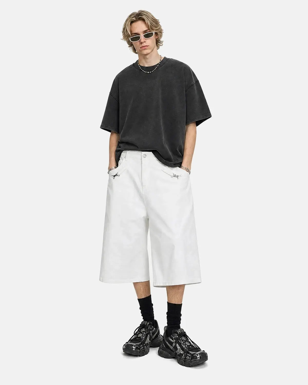 Inflation Back Buckle Longline Casual Shorts, stylish pants with back buckle detail, featuring a relaxed fit and streetwear-inspired design.