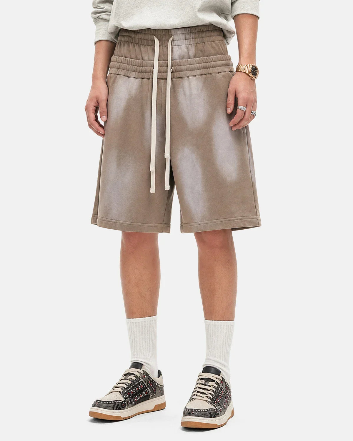 Inflation Streetwear Double Waist Monkey Wash Sweat Shorts, casual black shorts with double waistband and relaxed fit.