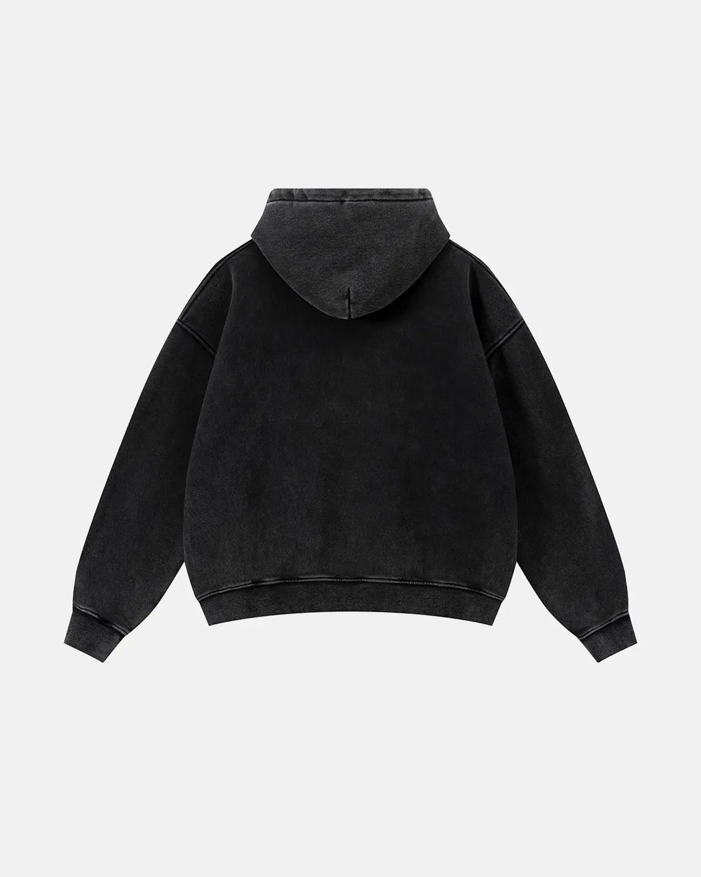 Vintage washed fleece boxy zip hoodie by INFLATION, showing the relaxed fit with a front zipper and distressed fabric texture.