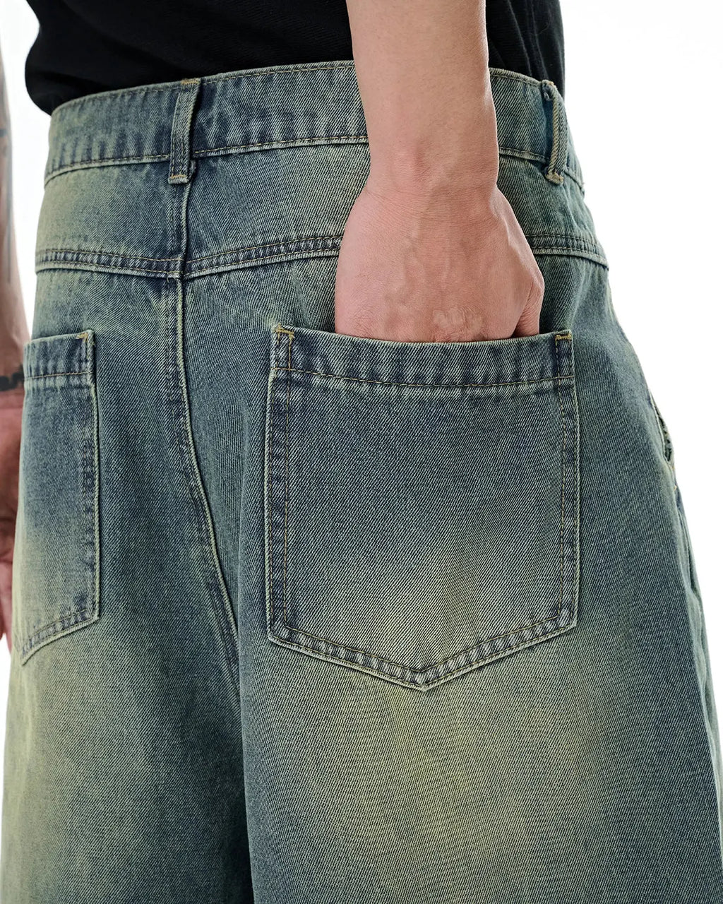 Inflation Streetwear retro washed denim shorts, stylish jorts with a distressed look, casual streetwear fashion for summer.