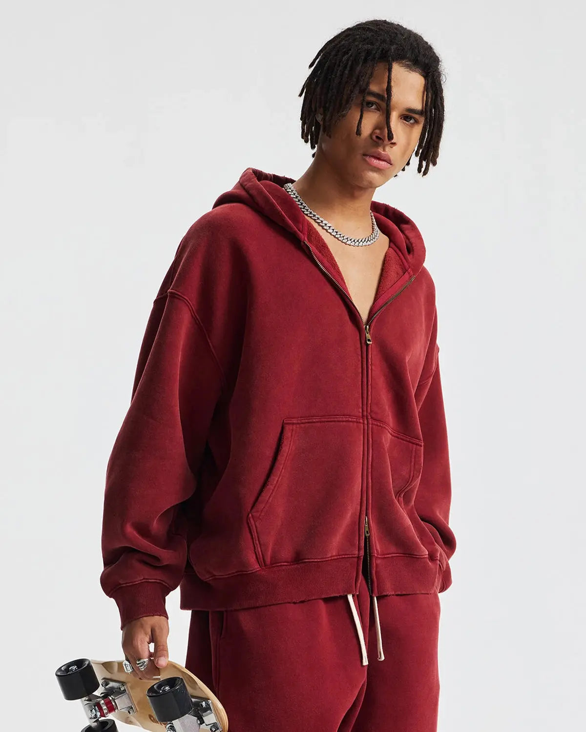 Inflation streetwear boxy fit acid washed fleece zip-up hoodie with hood and front pockets, casual and comfortable style.