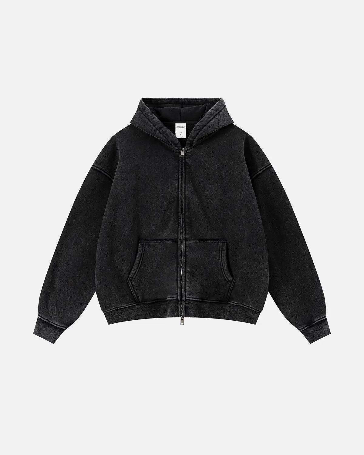 Vintage washed fleece boxy zip hoodie by INFLATION, featuring a relaxed fit and front zipper, displayed on a hanger.
