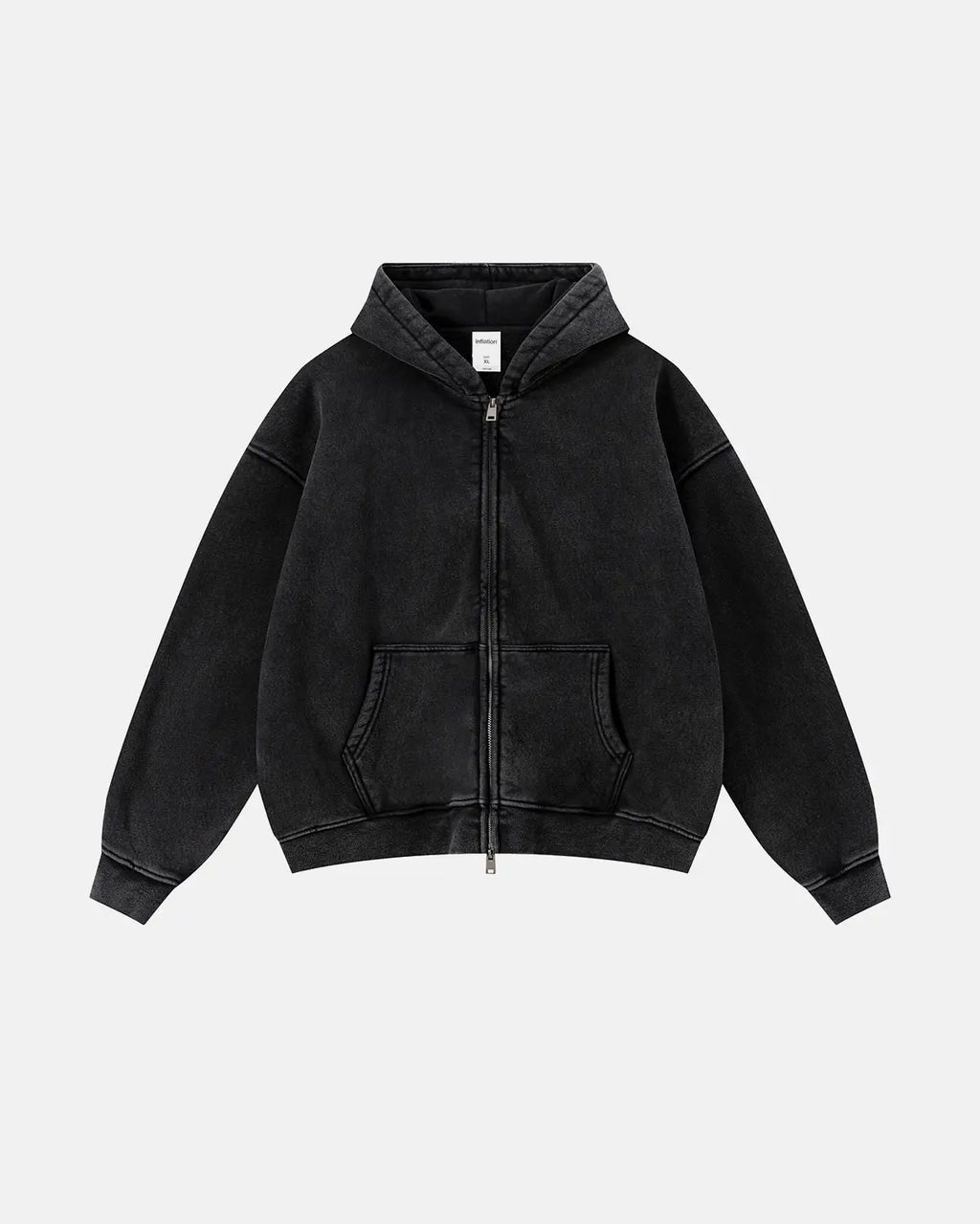Vintage washed fleece boxy zip hoodie by INFLATION Streetwear, shown with front zipper and relaxed fit in soft textured fabric.