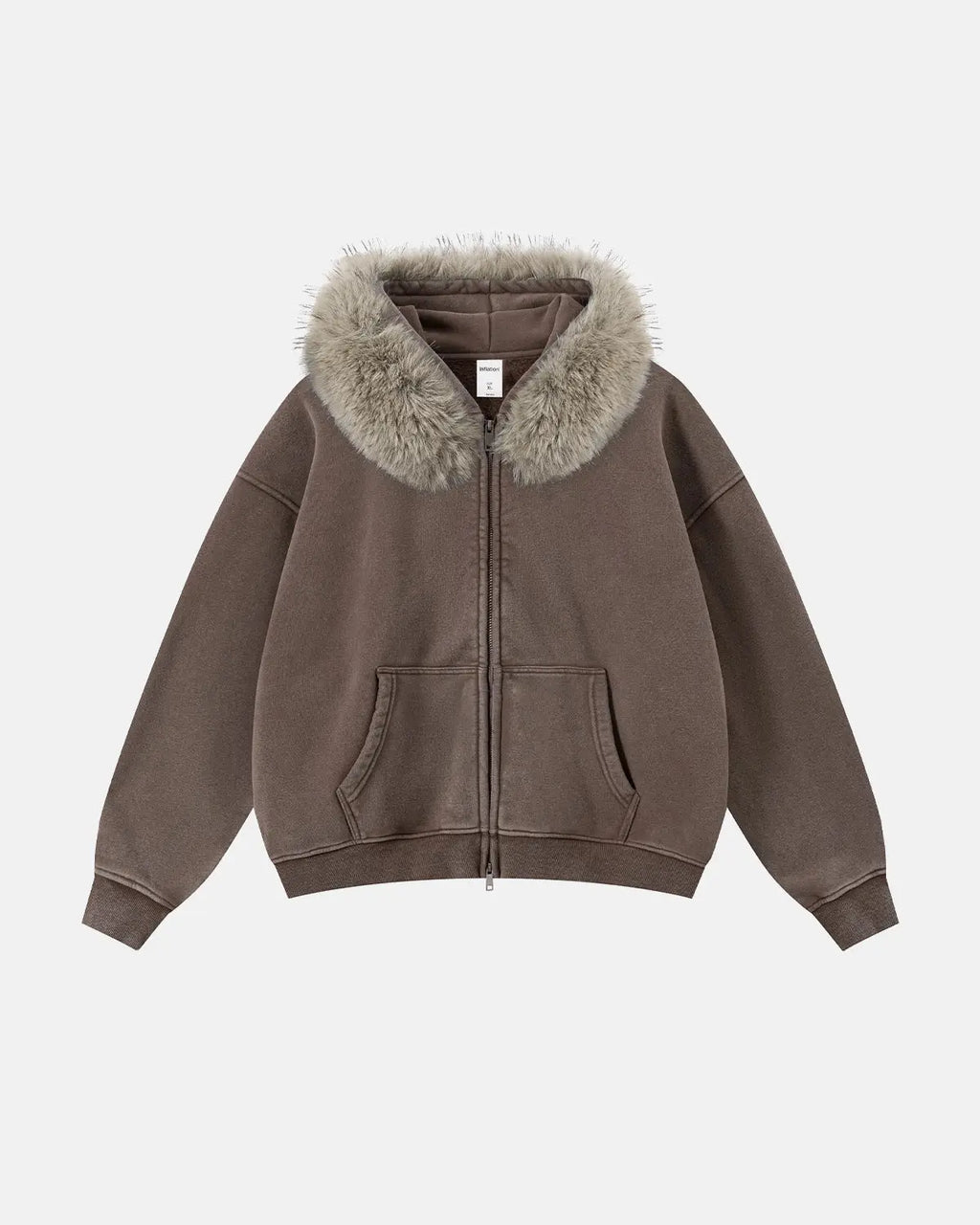 Inflation Streetwear faux fur collar acid wash zip-up hoodie with hood and front zipper, stylish streetwear fashion.
