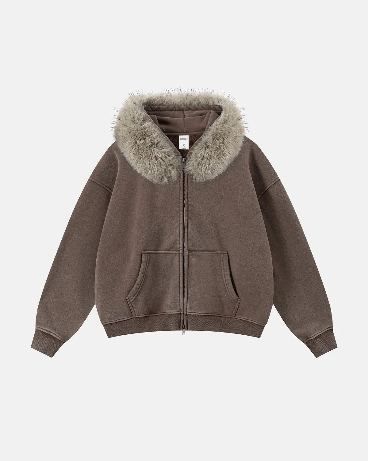 Inflation Streetwear faux fur collar acid wash zip-up hoodie with hood and front zipper, stylish streetwear fashion.