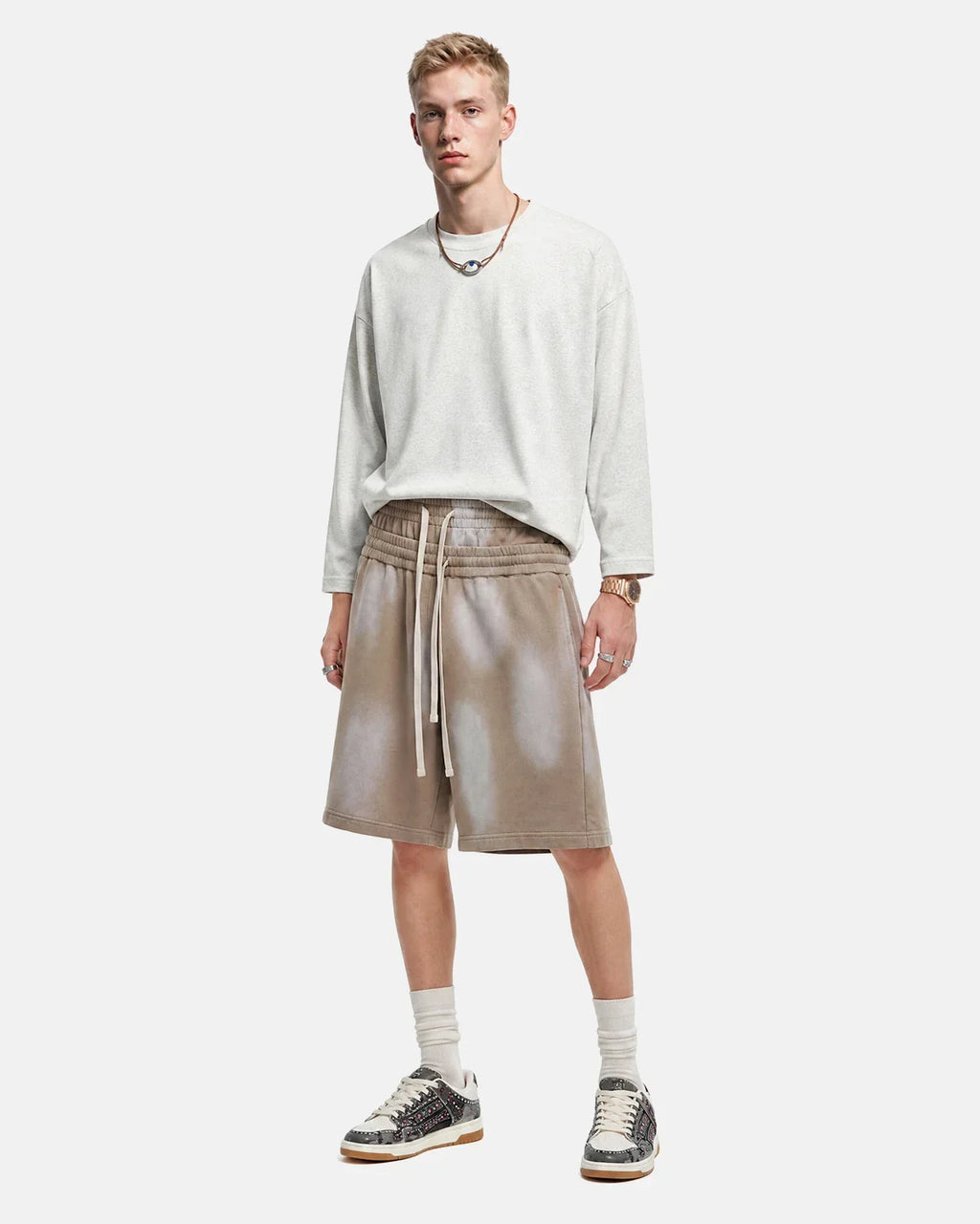 Inflation Streetwear double waist monkey wash sweat shorts with relaxed fit, showcasing distressed denim style and casual streetwear design.