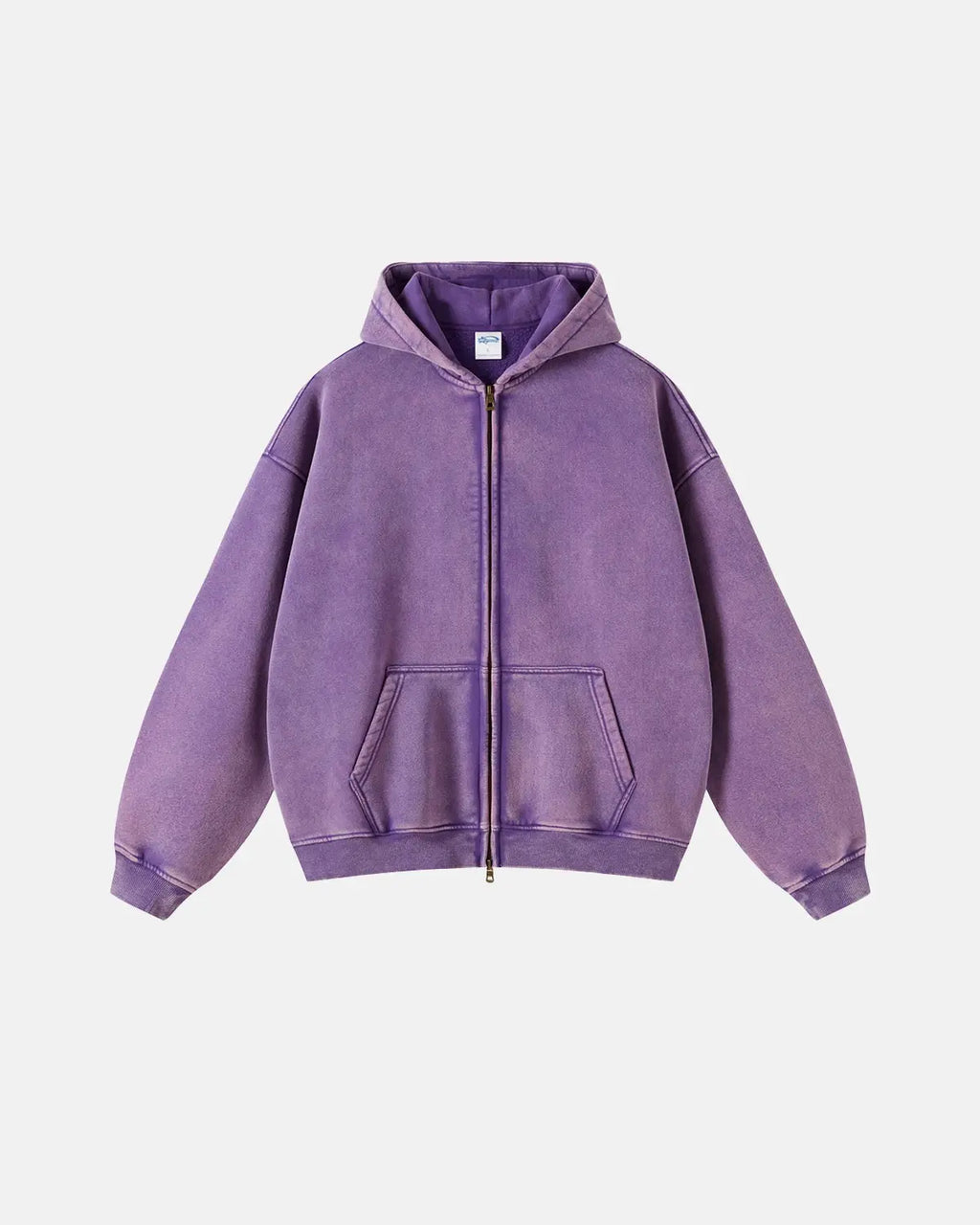 Vintage washed INFLATION zip-up hoodie with front pockets and a relaxed fit, featuring a casual, worn-in style.