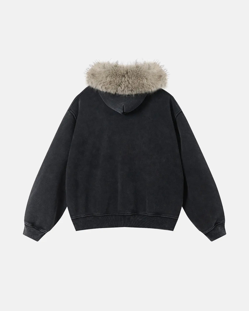 Inflation Streetwear faux fur collar acid wash zip-up hoodie, casual streetwear hoodie with plush fur collar and distressed wash details.