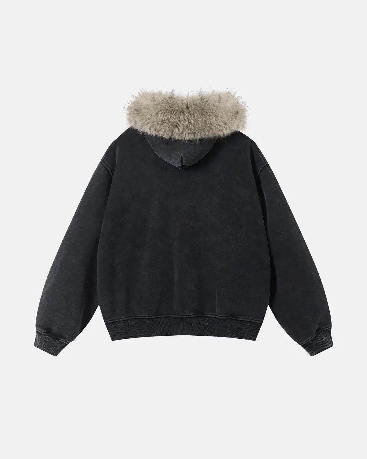 Inflation Streetwear faux fur collar acid wash zip-up hoodie, casual streetwear hoodie with plush fur collar and distressed wash details.