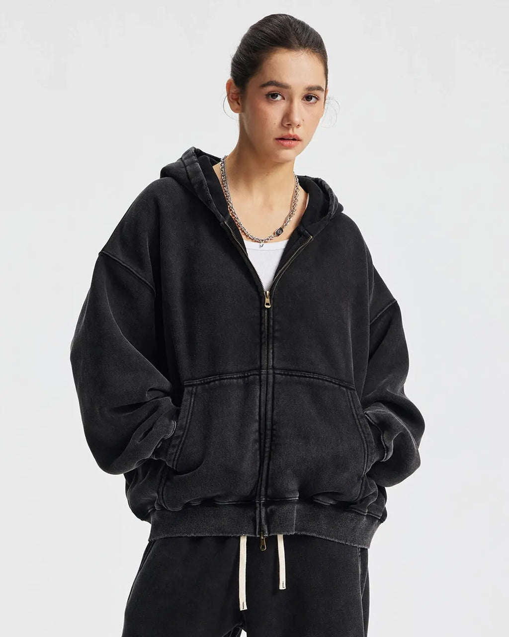 Inflation Streetwear boxy fit acid washed fleece zip-up hoodie with a relaxed style and front zipper.