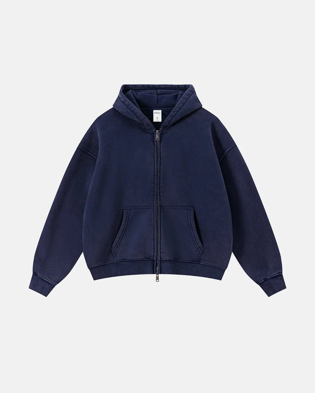 Vintage washed fleece boxy zip hoodie by INFLATION, featuring a relaxed fit and casual streetwear style in soft, textured fabric.
