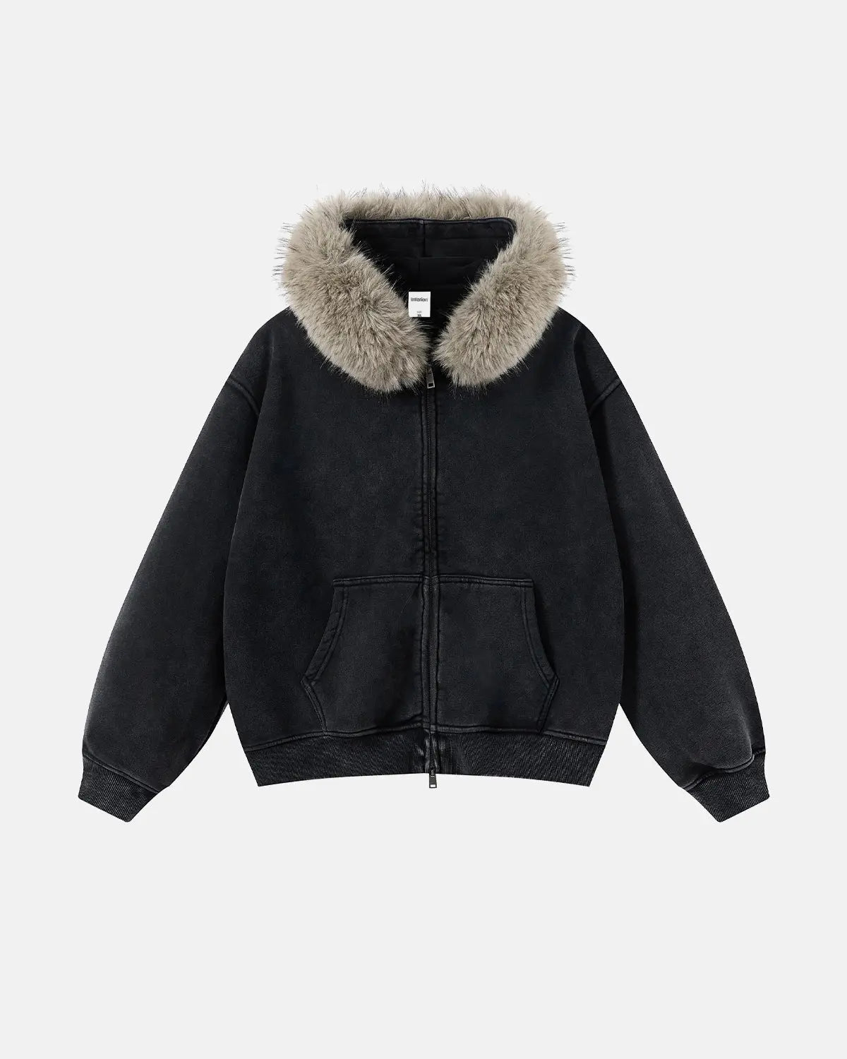 INFLATION faux fur collar acid wash zip-up hoodie featuring a hood, front zipper, and plush faux fur collar detail.