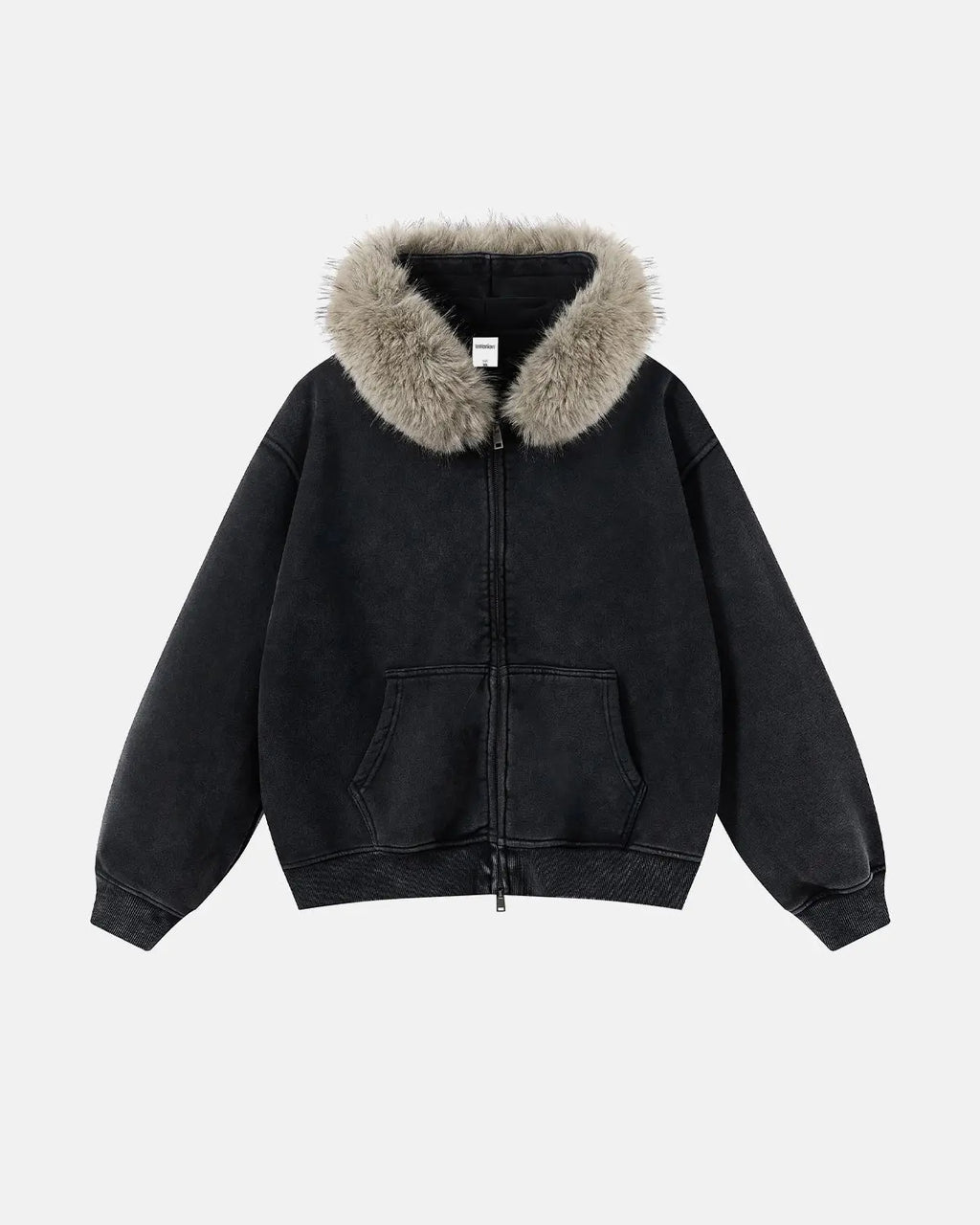 Inflation streetwear faux fur collar acid wash zip-up hoodie featuring a stylish hood and textured fabric.